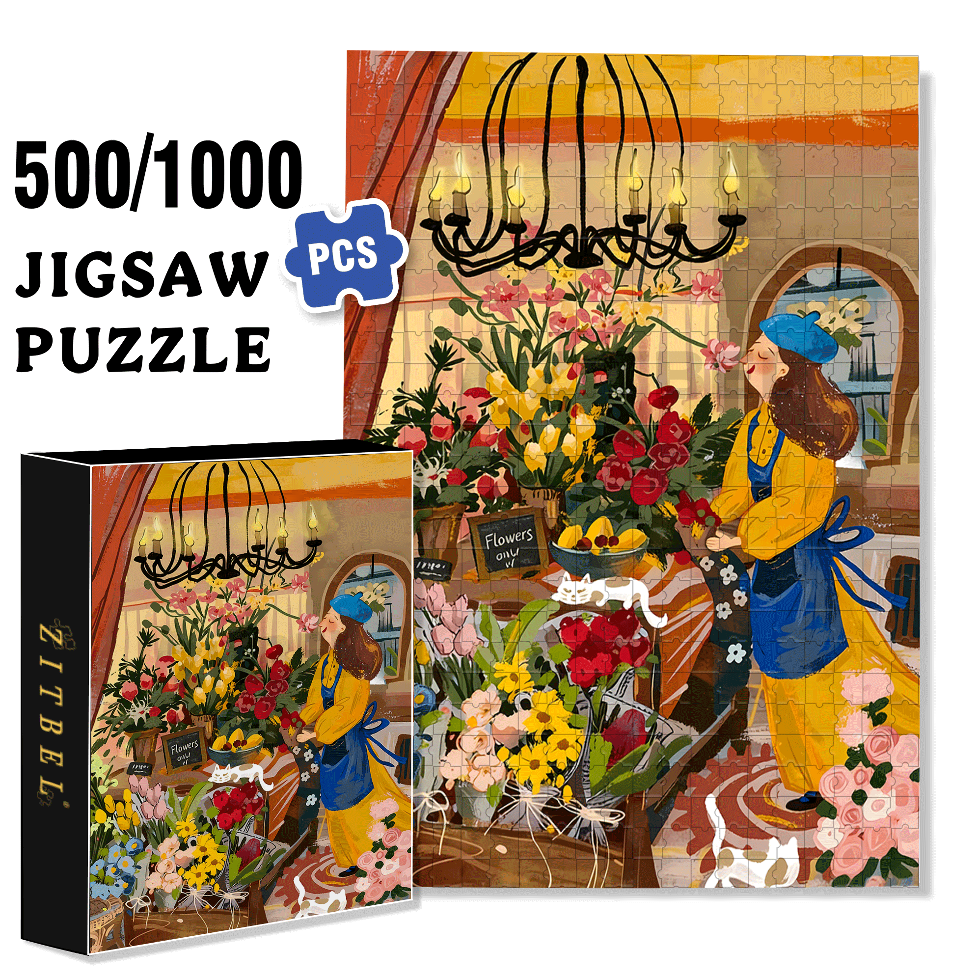 Sparkling Flowers 500pcs/1000pcs Jigsaw Puzzle, Scratch-Resistant, Interactive Family Game & Brain-Boosting DIY Decor, Perfect for Halloween, Christmas & New Year Gifts, Family Puzzle Game