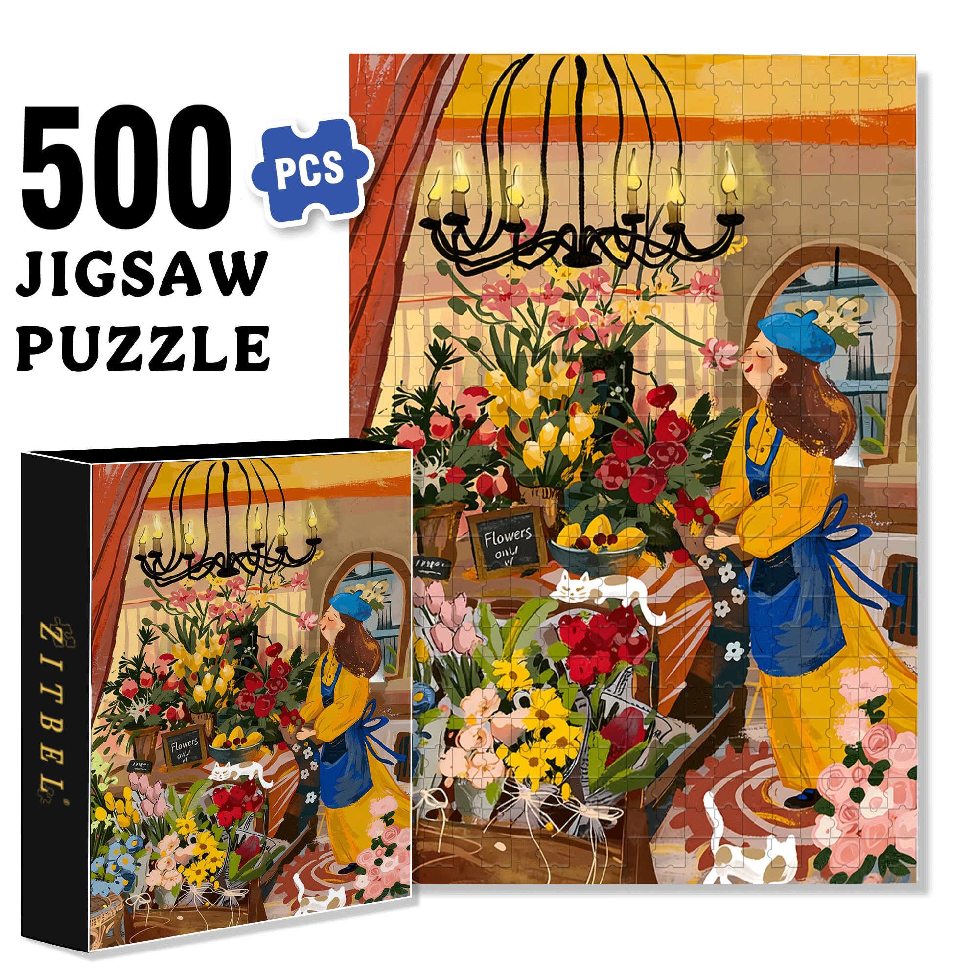 Sparkling Flowers 500pcs/1000pcs Jigsaw Puzzle, Scratch-Resistant, Interactive Family Game & Brain-Boosting DIY Decor, Perfect for Halloween, Christmas & New Year Gifts, Family Puzzle Game