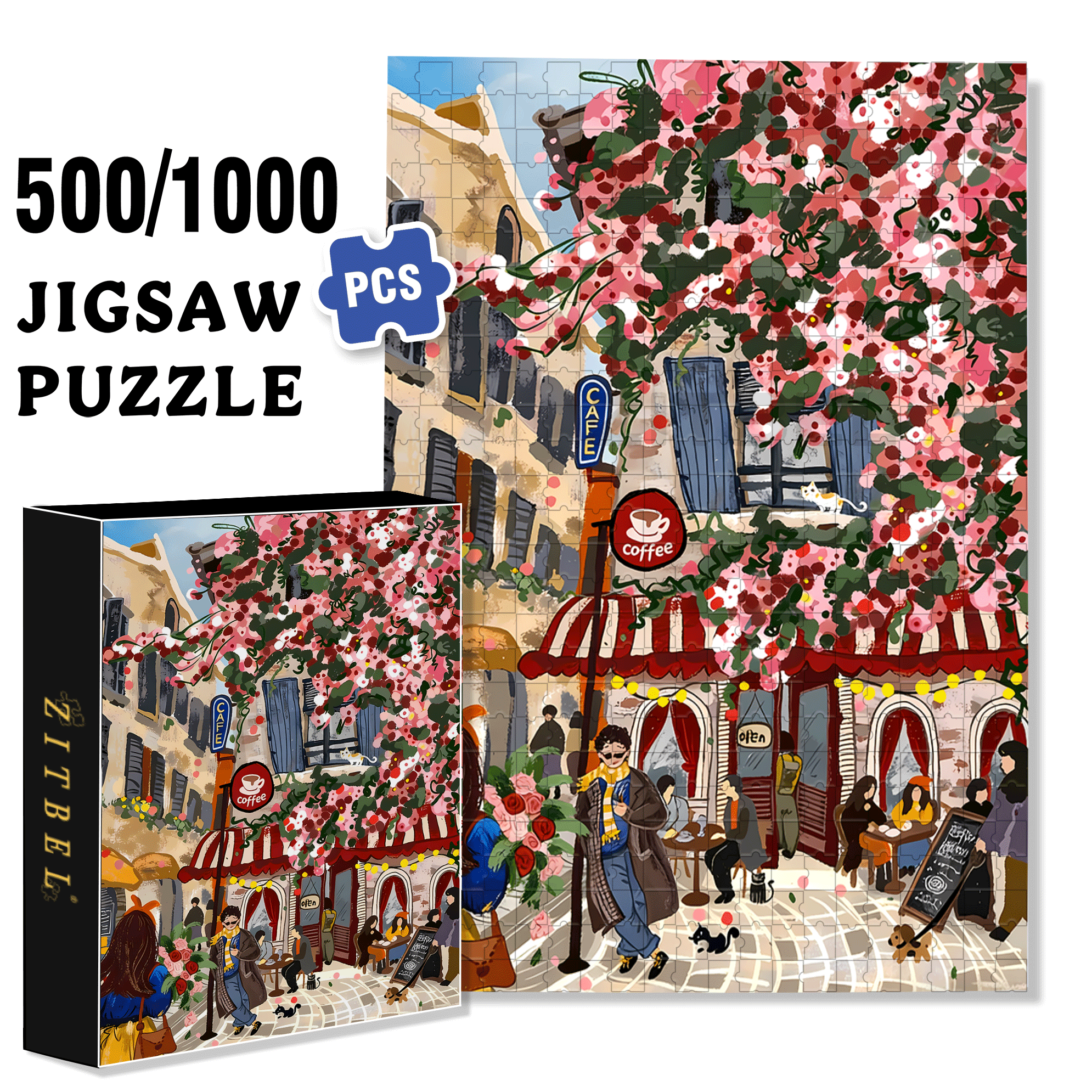 Street Corner Coffee Shop 3 500pcs/1000pcs Jigsaw Puzzle, Scratch-Resistant, Interactive Family Game & Brain-Boosting DIY Decor, Perfect for Halloween, Christmas & New Year Gifts, Family Puzzle Game