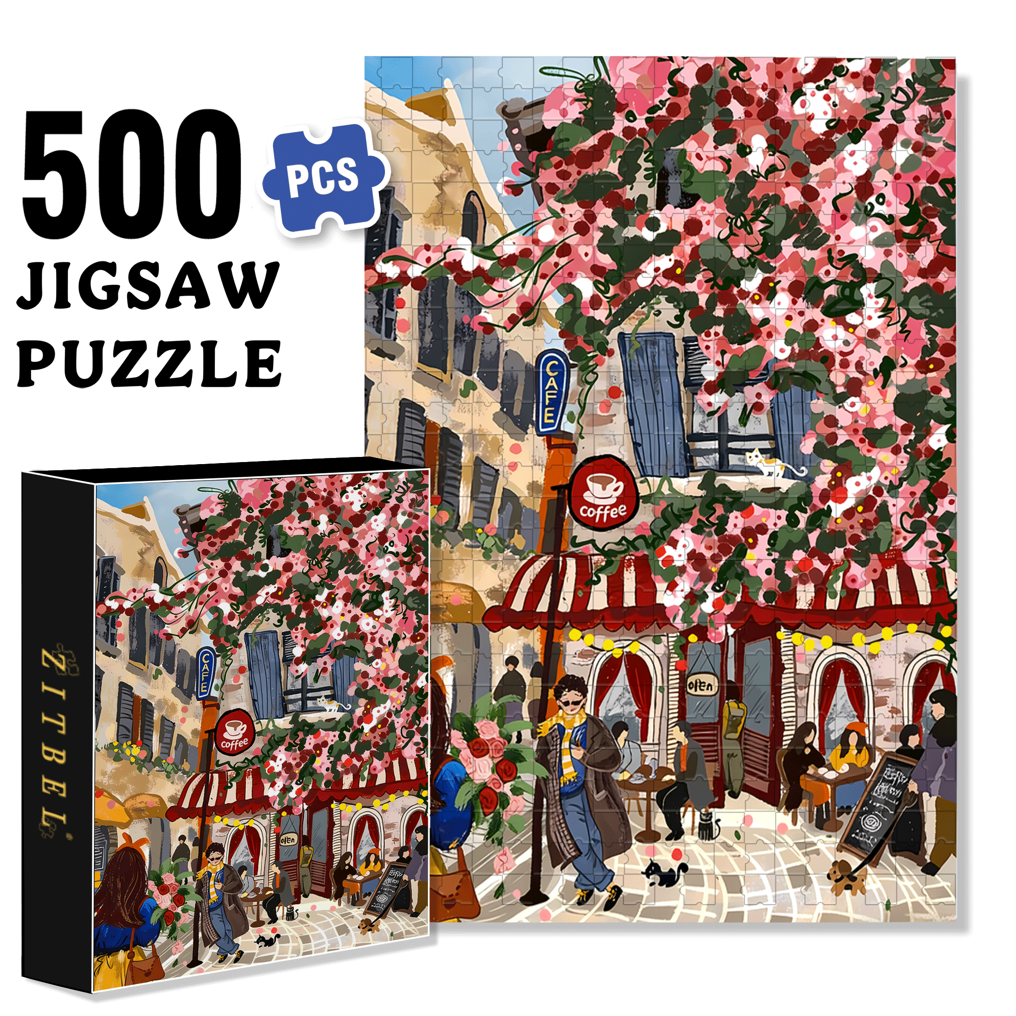 Street Corner Coffee Shop 3 500pcs/1000pcs Jigsaw Puzzle, Scratch-Resistant, Interactive Family Game & Brain-Boosting DIY Decor, Perfect for Halloween, Christmas & New Year Gifts, Family Puzzle Game
