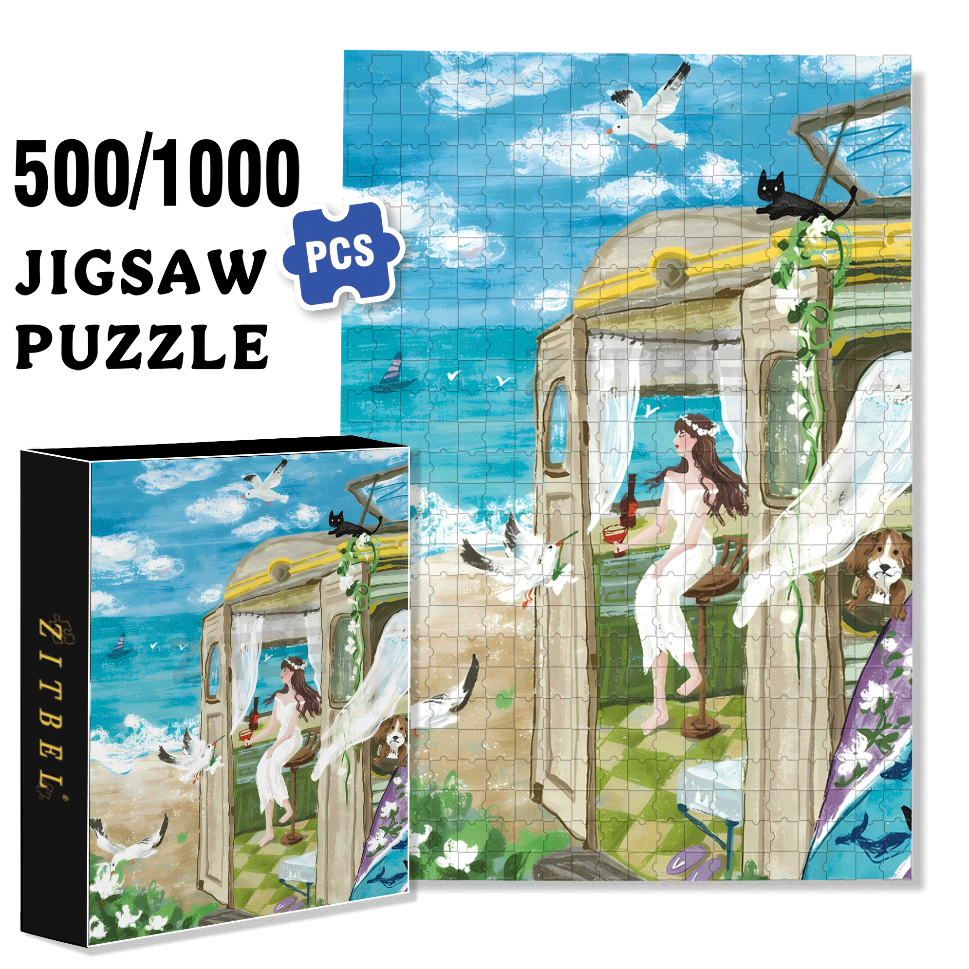 Summer Cool Breeze 500pcs/1000pcs Jigsaw Puzzle, Scratch-Resistant, Interactive Family Game & Brain-Boosting DIY Decor, Perfect for Halloween, Christmas & New Year Gifts, Family Puzzle Game