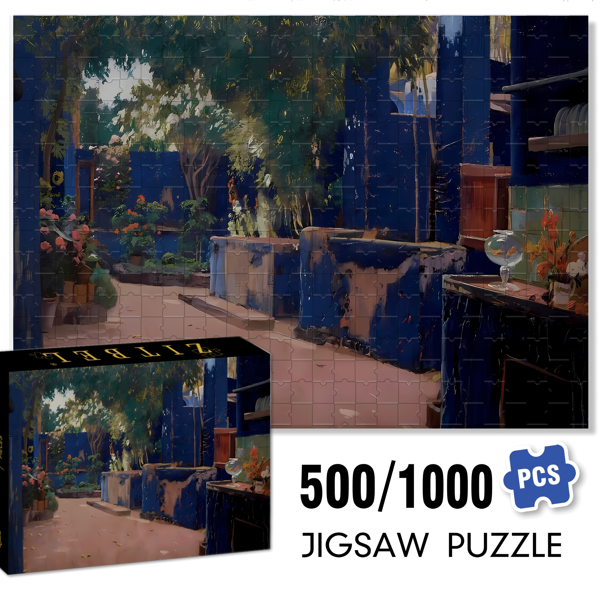Blue Courtyard 500pcs/1000pcs Jigsaw Puzzle, Scratch-Resistant, Interactive Family Game & Brain-Boosting DIY Decor, Perfect for Halloween, Christmas & New Year Gifts, Family Puzzle Game