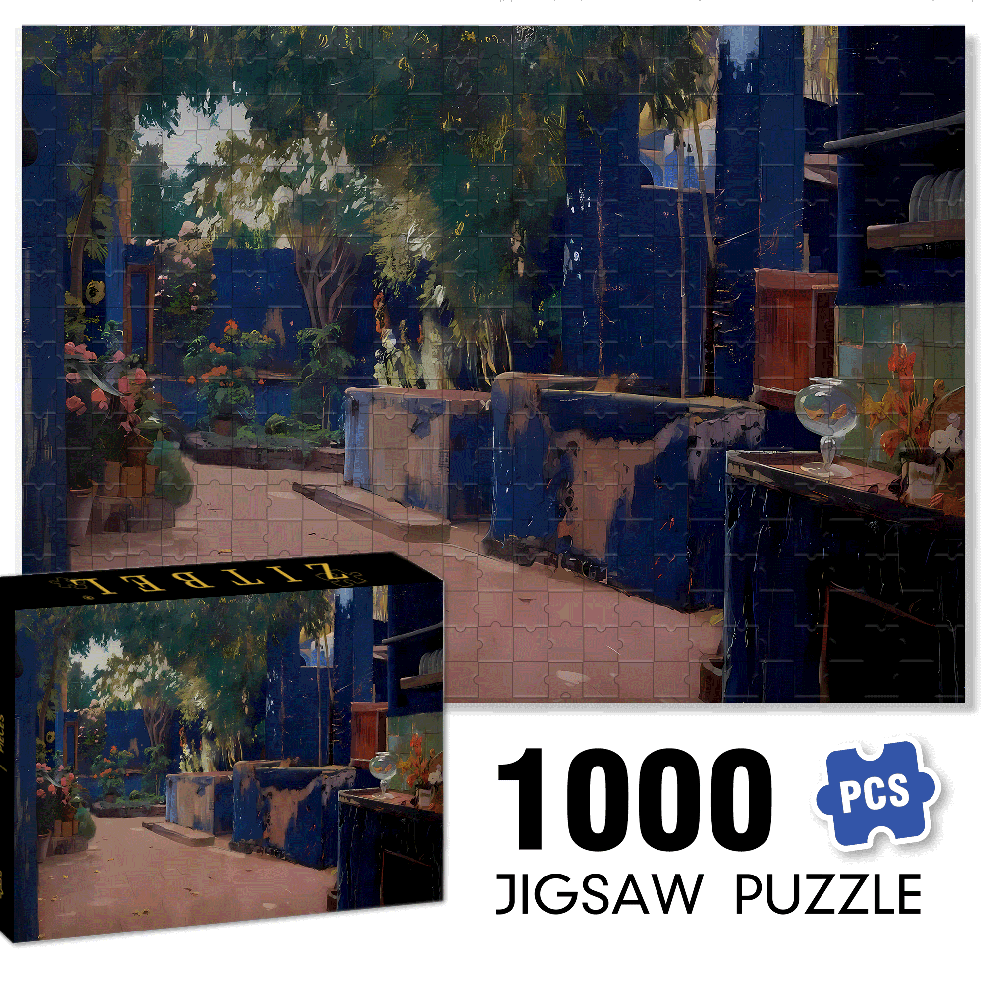 Blue Courtyard 500pcs/1000pcs Jigsaw Puzzle, Scratch-Resistant, Interactive Family Game & Brain-Boosting DIY Decor, Perfect for Halloween, Christmas & New Year Gifts, Family Puzzle Game