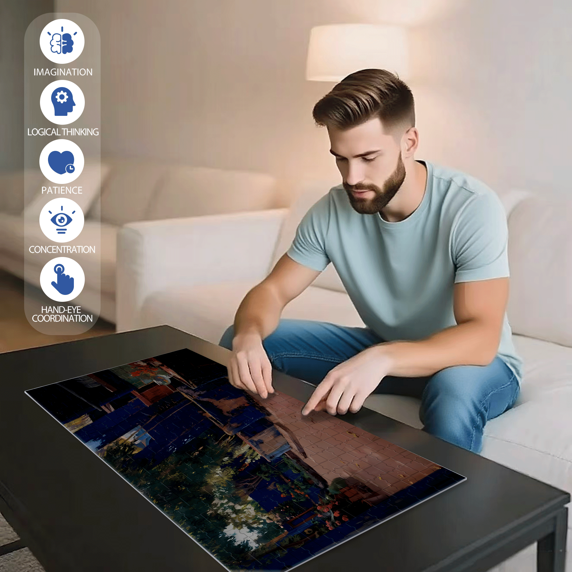 Blue Courtyard 500pcs/1000pcs Jigsaw Puzzle, Scratch-Resistant, Interactive Family Game & Brain-Boosting DIY Decor, Perfect for Halloween, Christmas & New Year Gifts, Family Puzzle Game