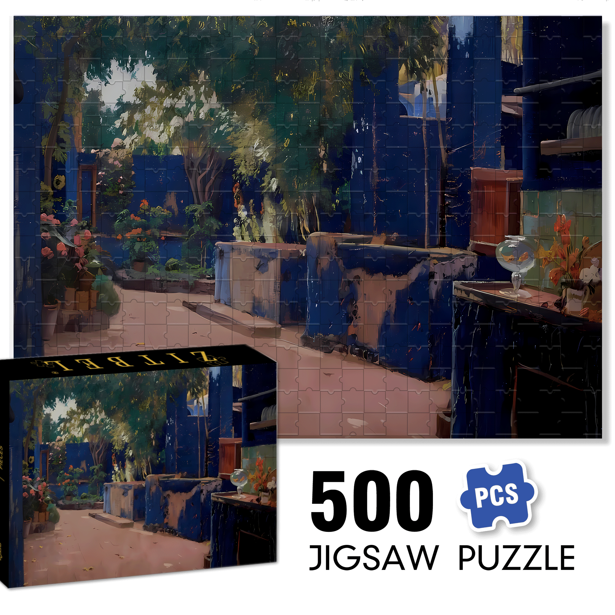 Blue Courtyard 500pcs/1000pcs Jigsaw Puzzle, Scratch-Resistant, Interactive Family Game & Brain-Boosting DIY Decor, Perfect for Halloween, Christmas & New Year Gifts, Family Puzzle Game