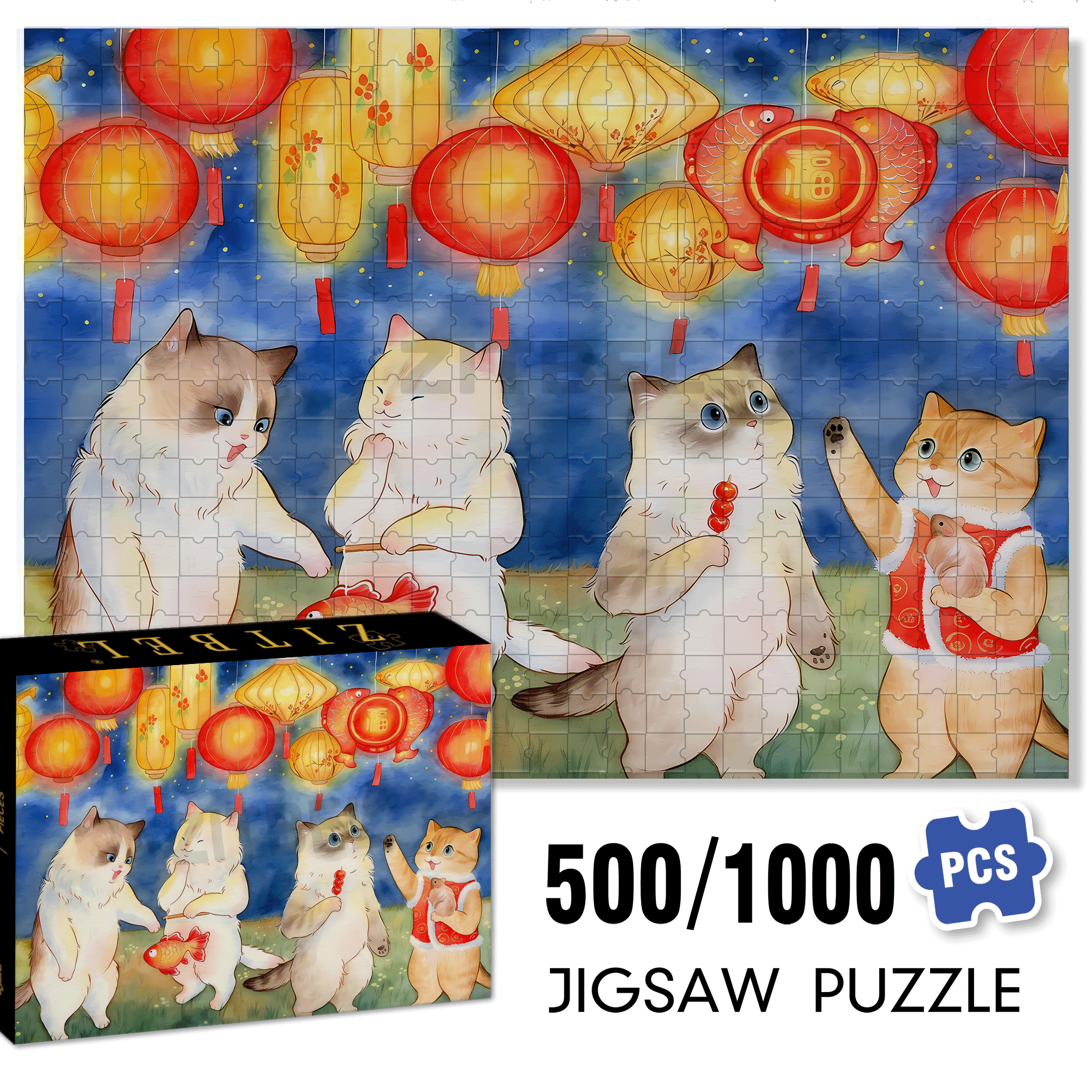 Cat's Feast 500pcs/1000pcs Jigsaw Puzzle, Scratch-Resistant, Interactive Family Game & Brain-Boosting DIY Decor, Perfect for Halloween, Christmas & New Year Gifts, Family Puzzle Game