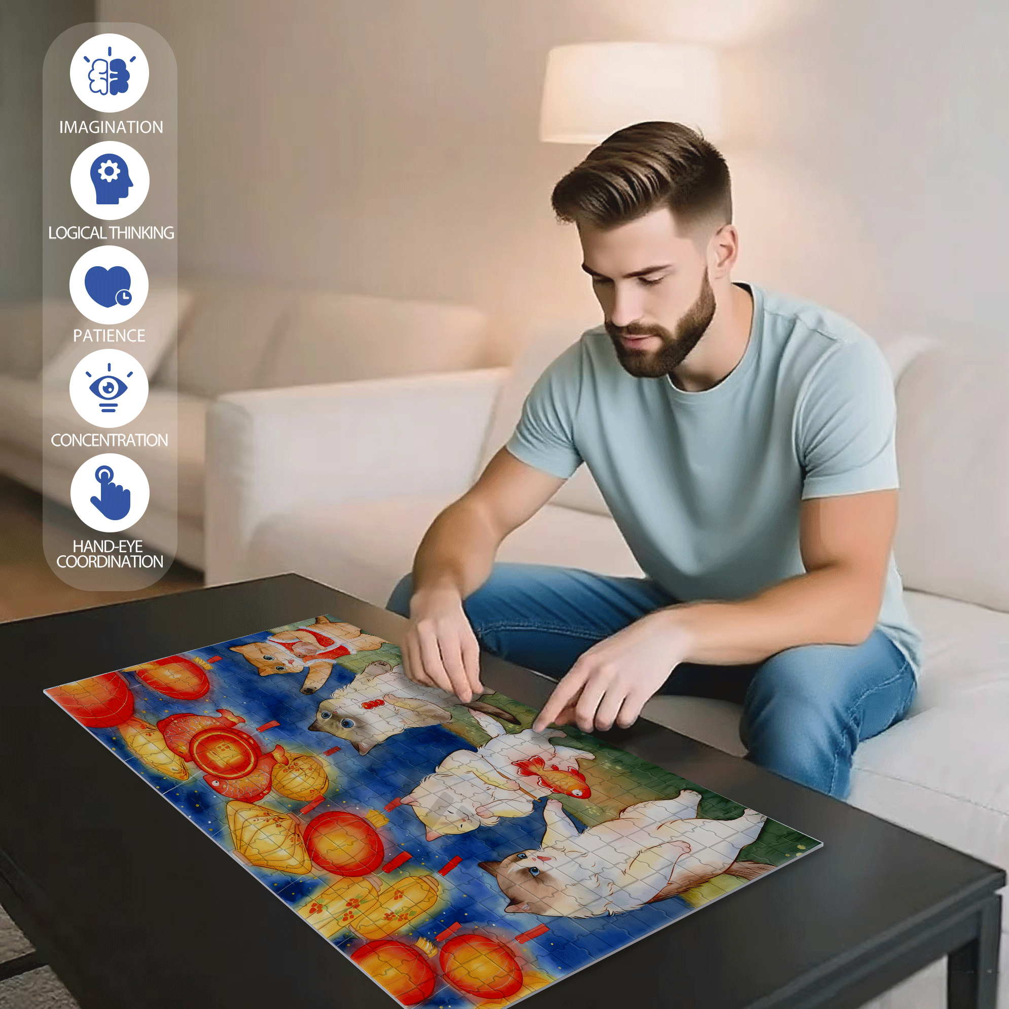 Cat's Feast 500pcs/1000pcs Jigsaw Puzzle, Scratch-Resistant, Interactive Family Game & Brain-Boosting DIY Decor, Perfect for Halloween, Christmas & New Year Gifts, Family Puzzle Game