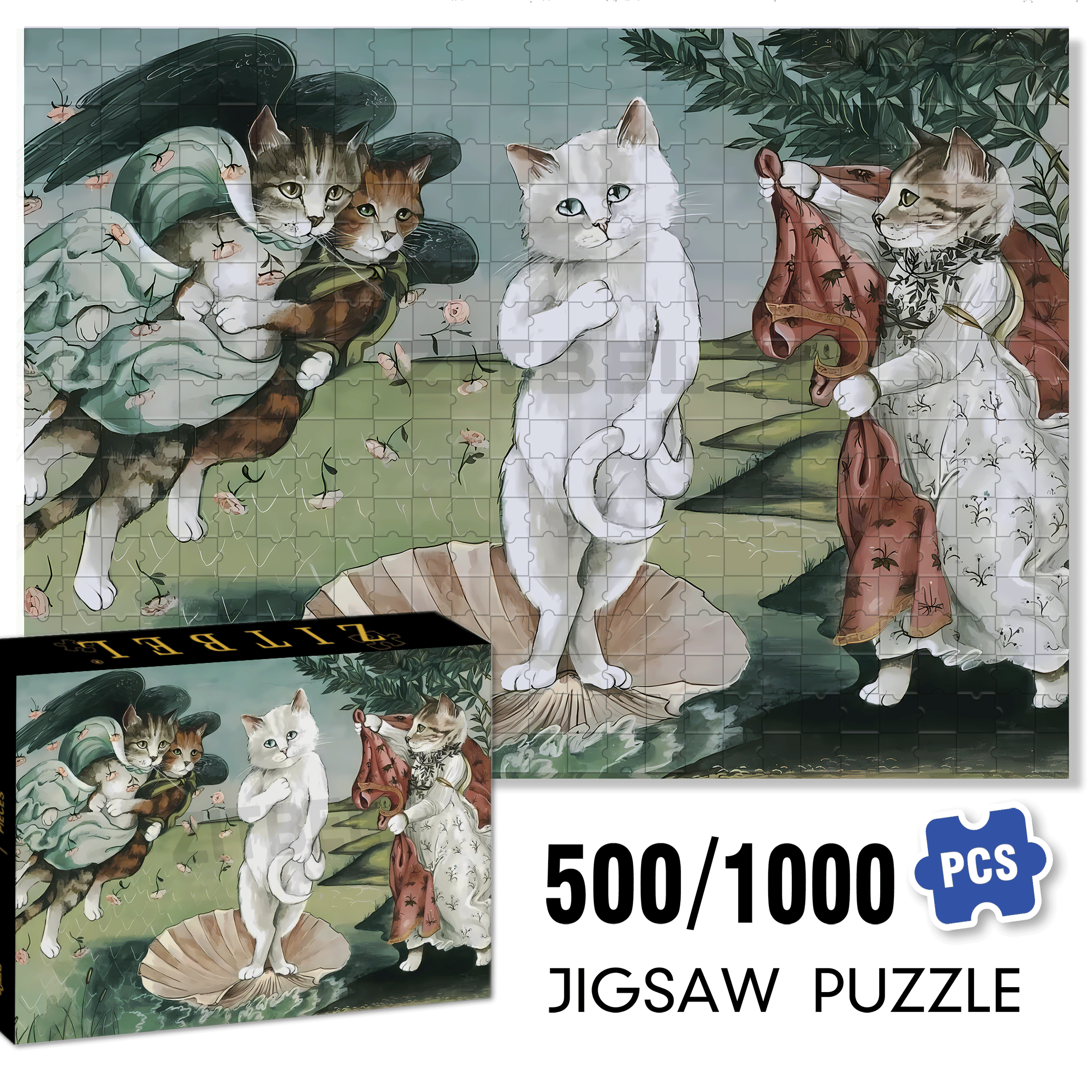 Fantastic Encounter between Cats and World Famous Paintings 19 500pcs/1000pcs Jigsaw Puzzle, Scratch-Resistant, Interactive Family Game & Brain-Boosting DIY Decor, Perfect for Halloween, Christmas & New Year Gifts, Family Puzzle Game