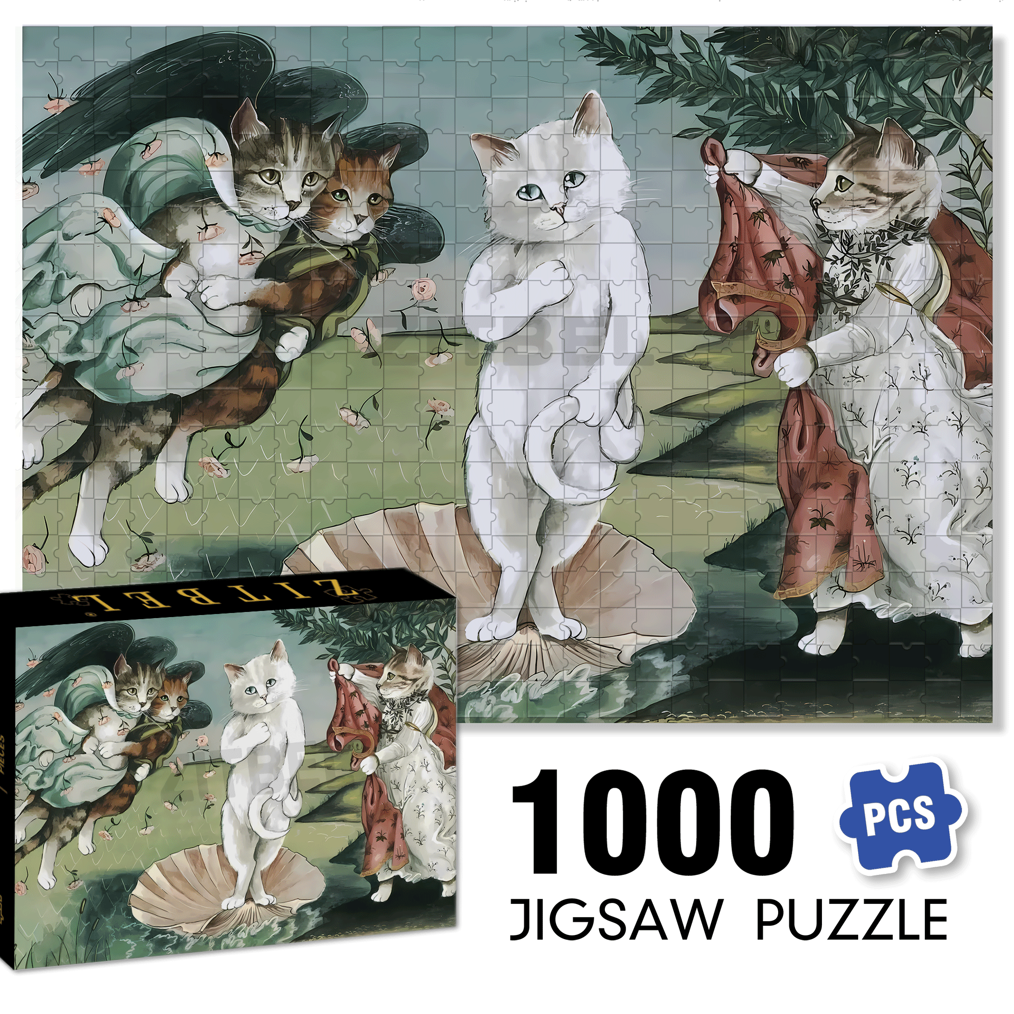 Fantastic Encounter between Cats and World Famous Paintings 19 500pcs/1000pcs Jigsaw Puzzle, Scratch-Resistant, Interactive Family Game & Brain-Boosting DIY Decor, Perfect for Halloween, Christmas & New Year Gifts, Family Puzzle Game