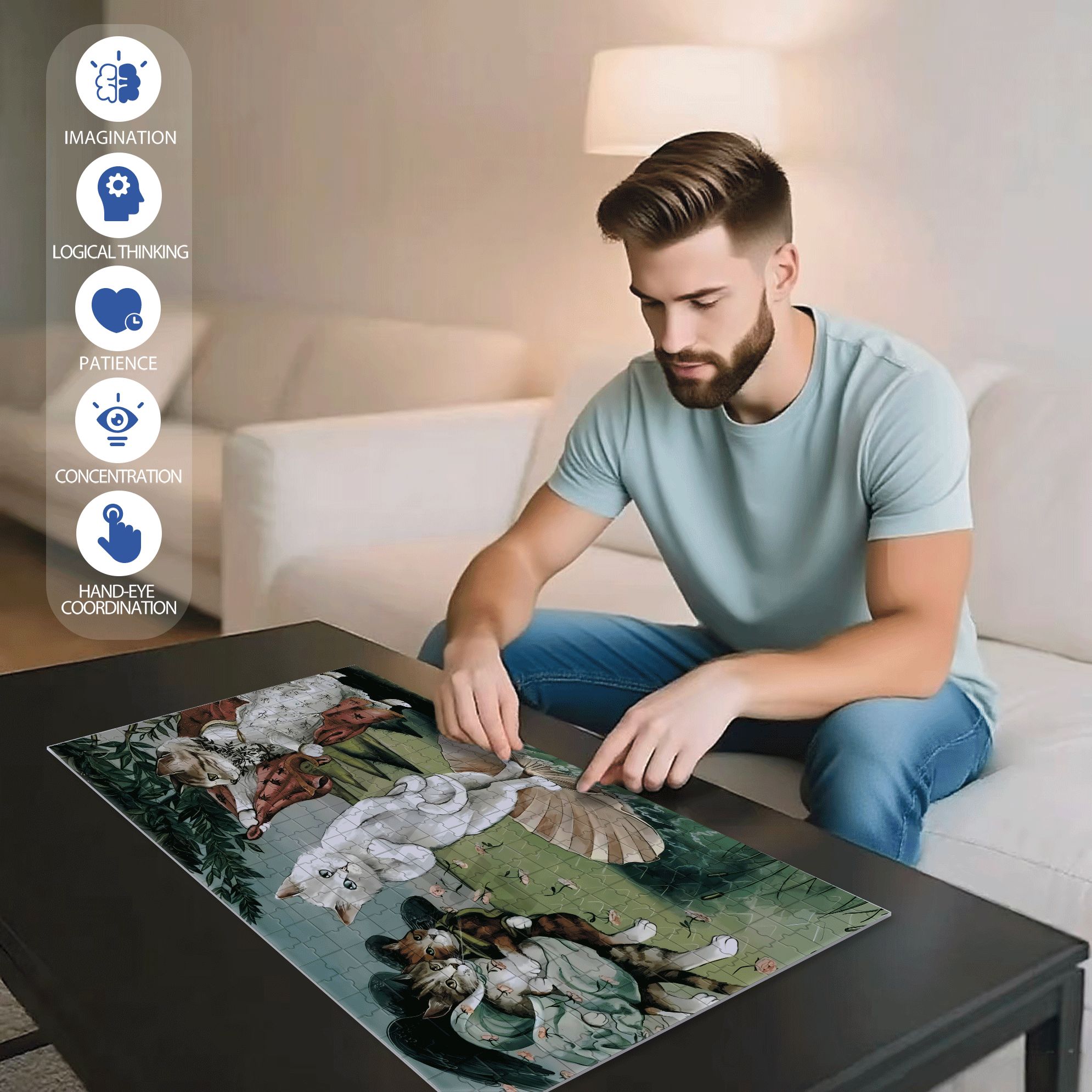 Fantastic Encounter between Cats and World Famous Paintings 19 500pcs/1000pcs Jigsaw Puzzle, Scratch-Resistant, Interactive Family Game & Brain-Boosting DIY Decor, Perfect for Halloween, Christmas & New Year Gifts, Family Puzzle Game