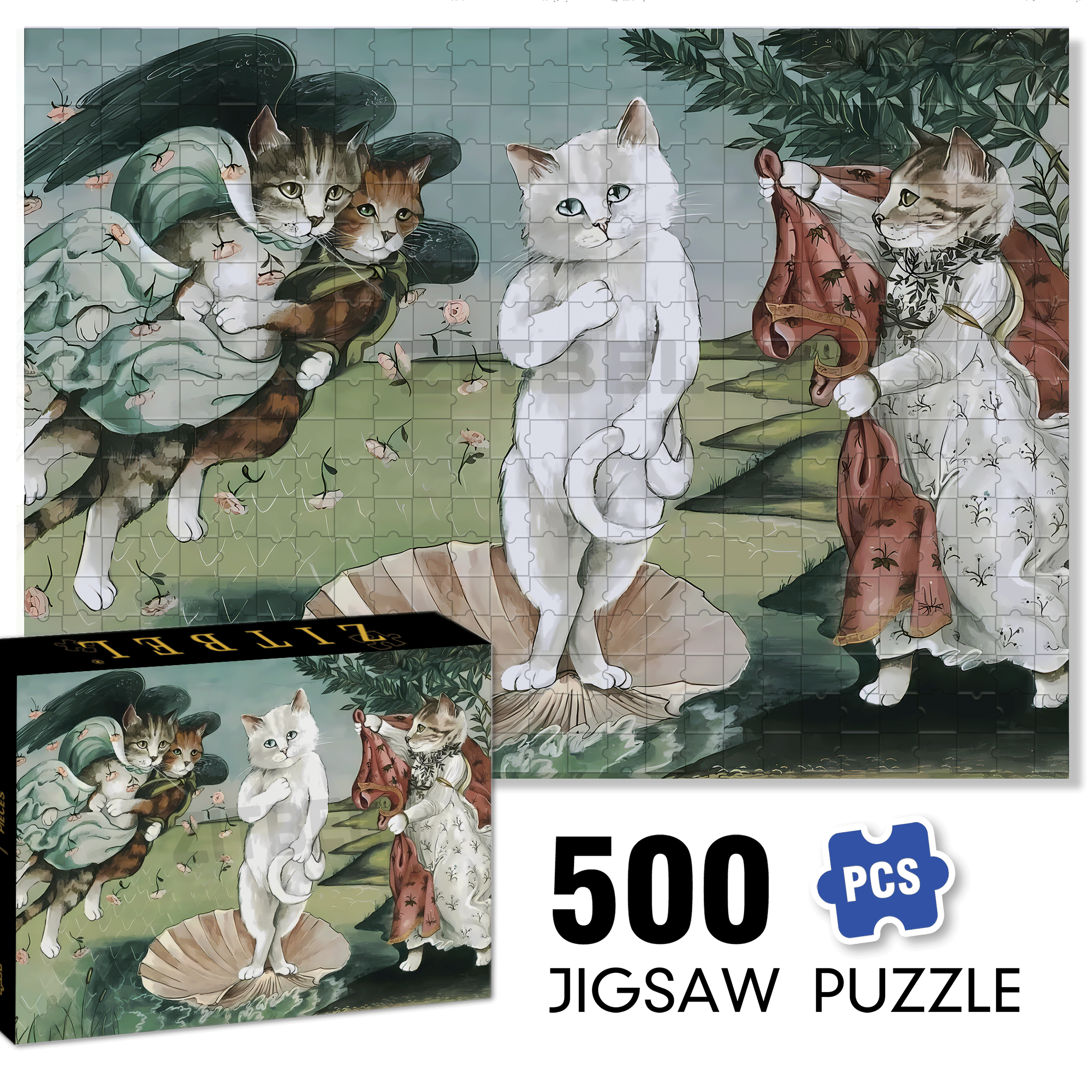 Fantastic Encounter between Cats and World Famous Paintings 19 500pcs/1000pcs Jigsaw Puzzle, Scratch-Resistant, Interactive Family Game & Brain-Boosting DIY Decor, Perfect for Halloween, Christmas & New Year Gifts, Family Puzzle Game
