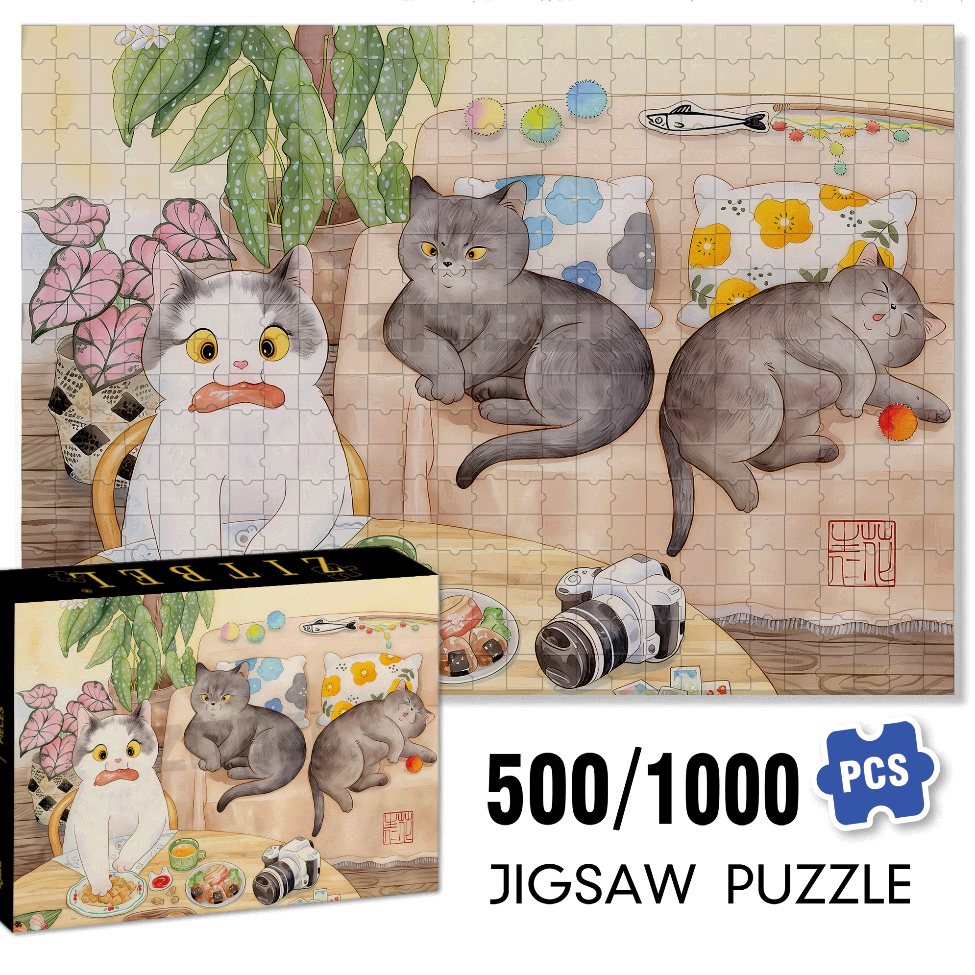 Greedy Cat  500pcs/1000pcs Jigsaw Puzzle, Scratch-Resistant, Interactive Family Game & Brain-Boosting DIY Decor, Perfect for Halloween, Christmas & New Year Gifts, Family Puzzle Game