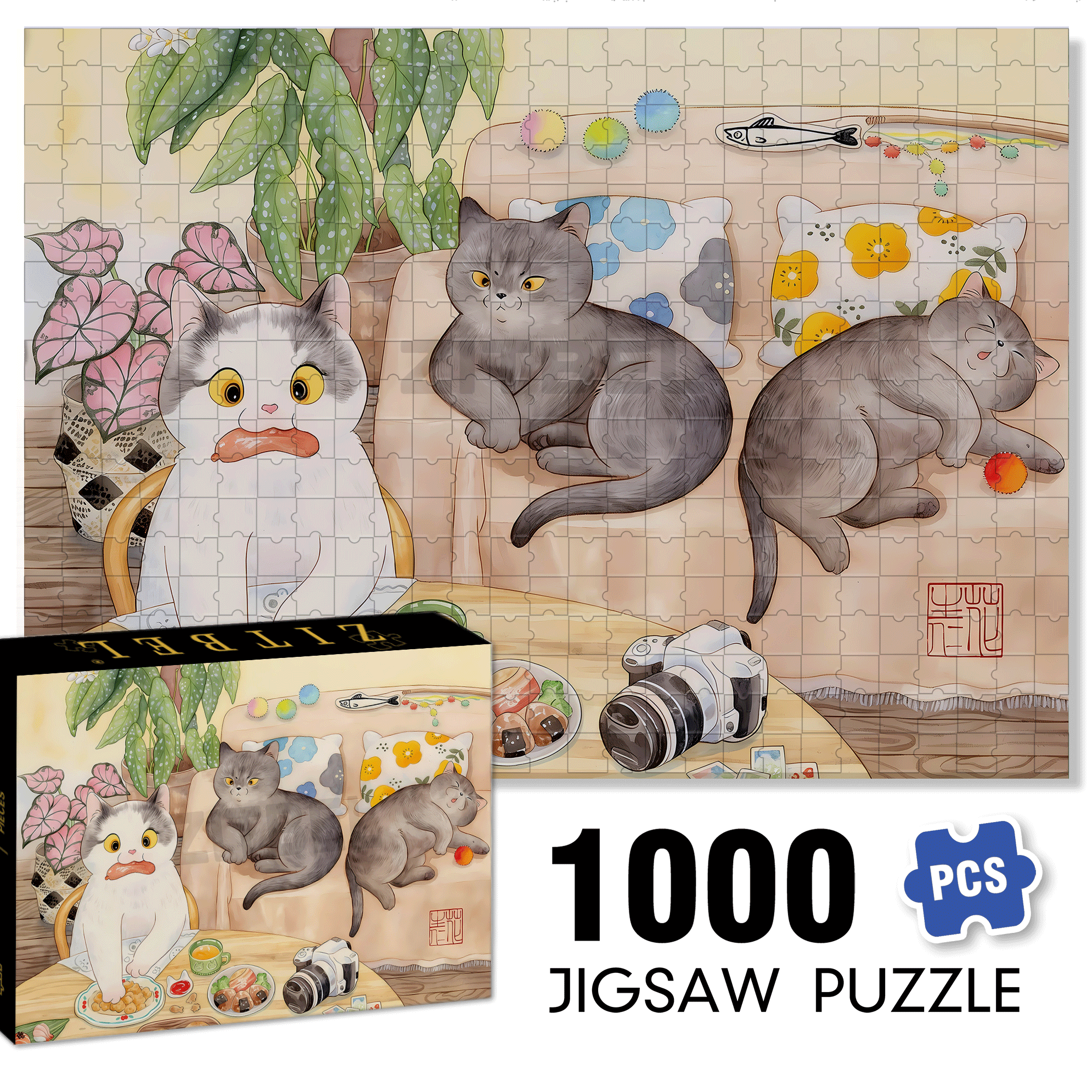 Greedy Cat  500pcs/1000pcs Jigsaw Puzzle, Scratch-Resistant, Interactive Family Game & Brain-Boosting DIY Decor, Perfect for Halloween, Christmas & New Year Gifts, Family Puzzle Game
