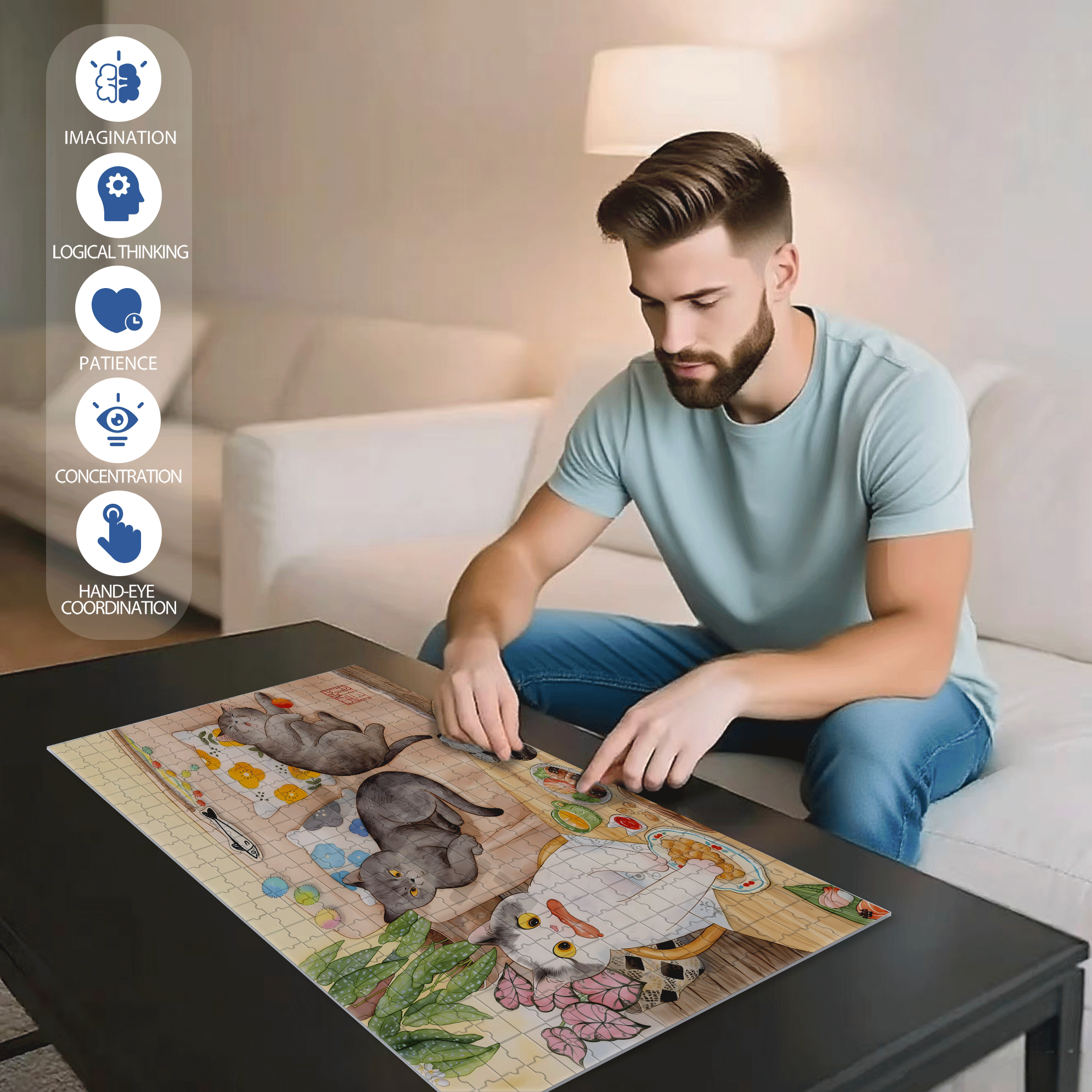 Greedy Cat  500pcs/1000pcs Jigsaw Puzzle, Scratch-Resistant, Interactive Family Game & Brain-Boosting DIY Decor, Perfect for Halloween, Christmas & New Year Gifts, Family Puzzle Game