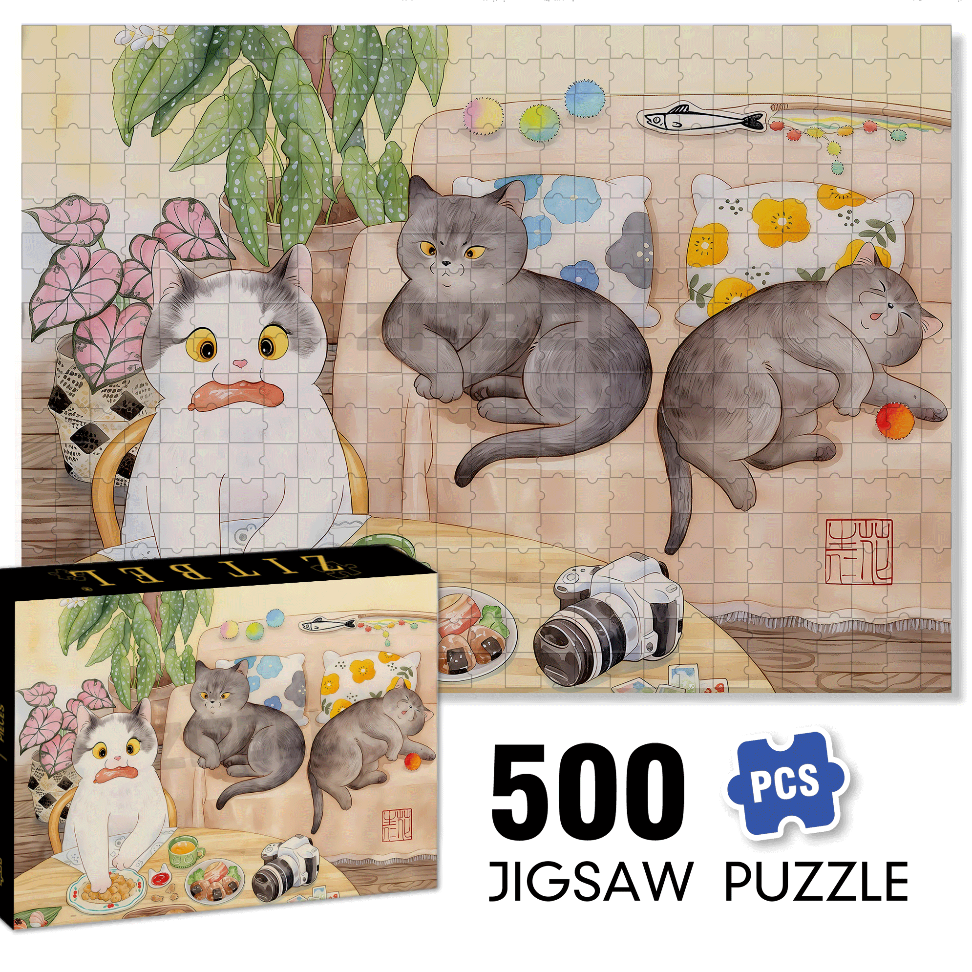 Greedy Cat  500pcs/1000pcs Jigsaw Puzzle, Scratch-Resistant, Interactive Family Game & Brain-Boosting DIY Decor, Perfect for Halloween, Christmas & New Year Gifts, Family Puzzle Game