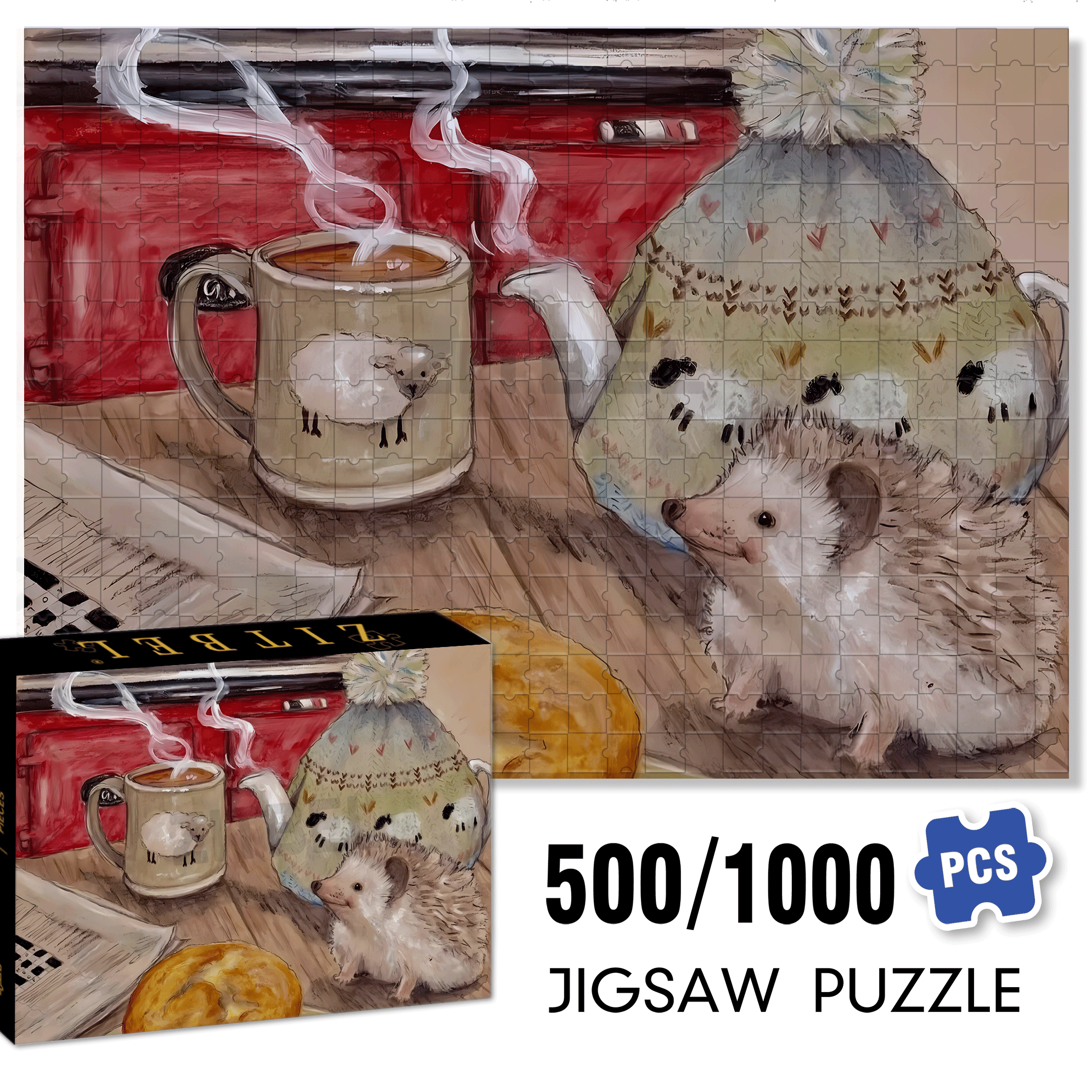 Hedgehog Baby's Afternoon Tea 500pcs/1000pcs Jigsaw Puzzle, Scratch-Resistant, Interactive Family Game & Brain-Boosting DIY Decor, Perfect for Halloween, Christmas & New Year Gifts, Family Puzzle Game