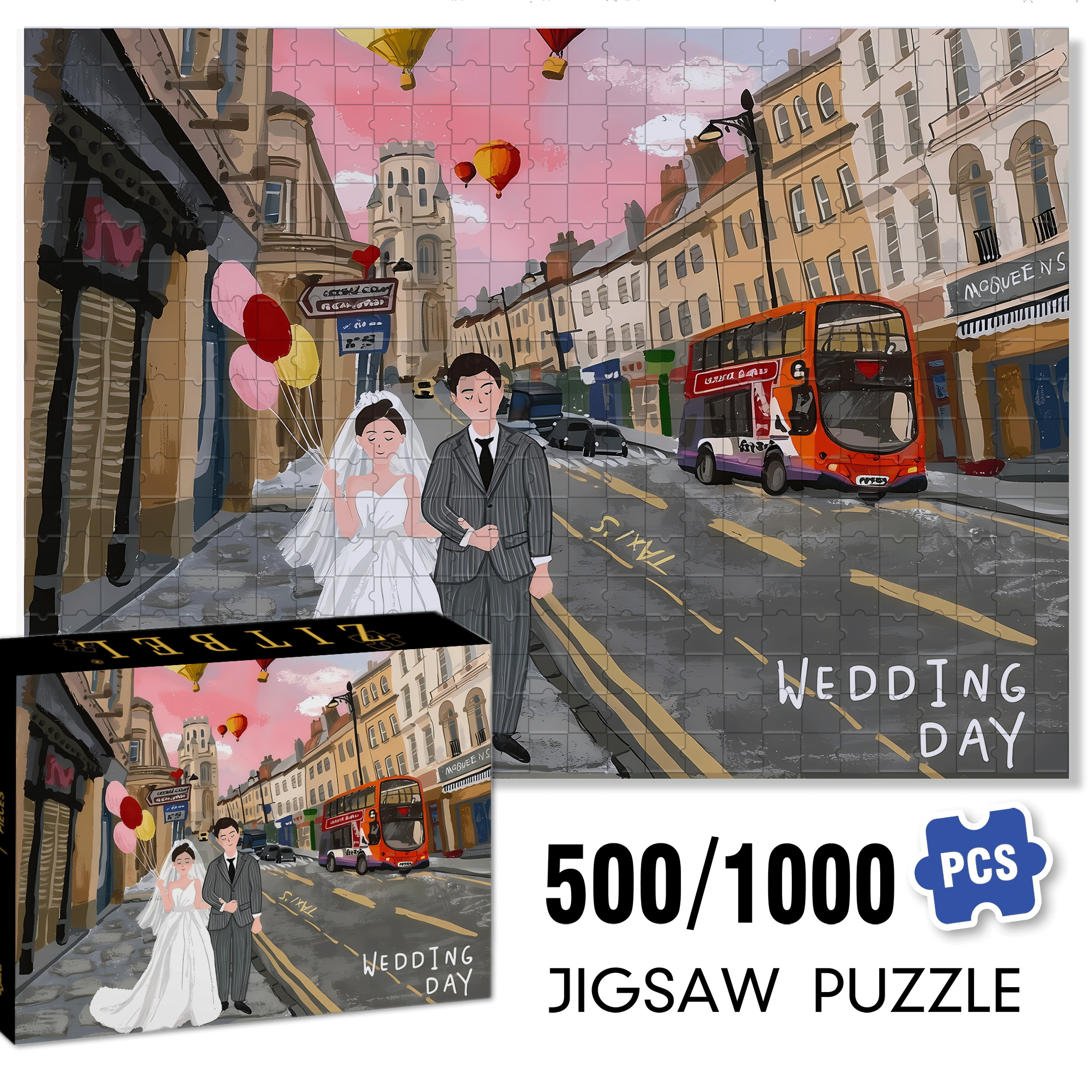 Pink Wedding Day 500pcs/1000pcs Jigsaw Puzzle, Scratch-Resistant, Interactive Family Game & Brain-Boosting DIY Decor, Perfect for Halloween, Christmas & New Year Gifts, Family Puzzle Game