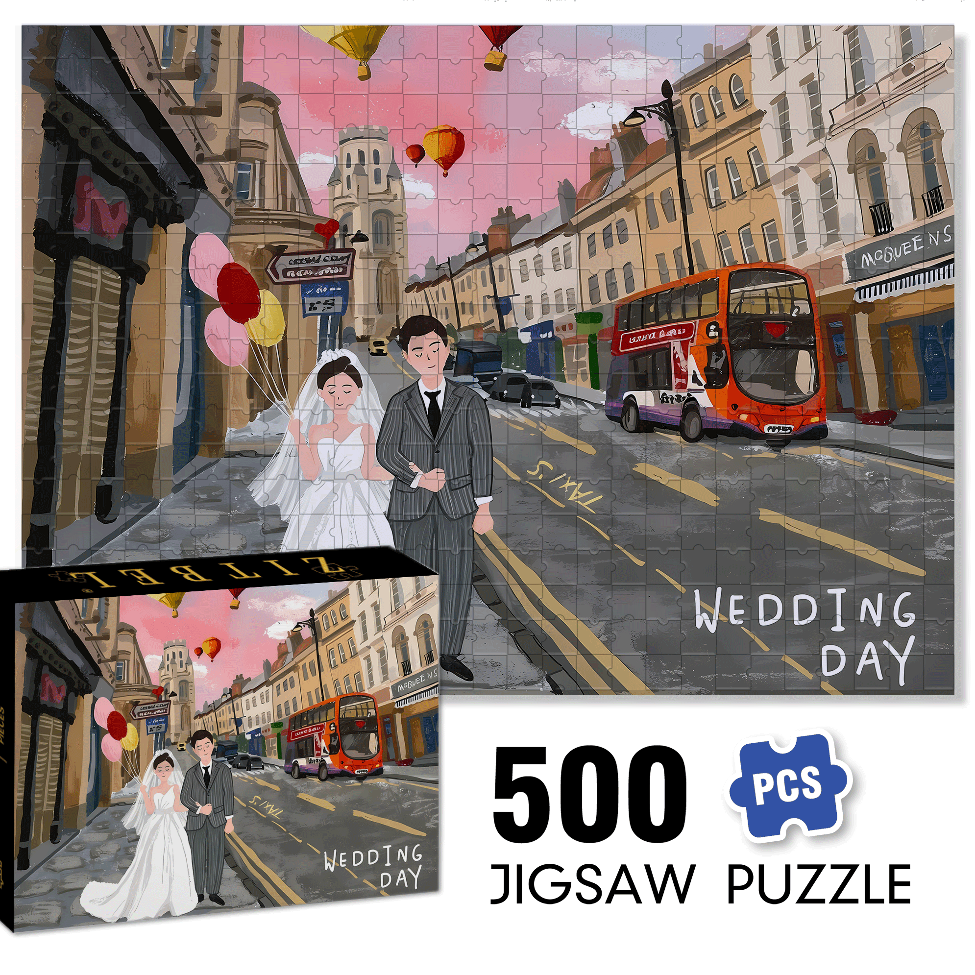 Pink Wedding Day 500pcs/1000pcs Jigsaw Puzzle, Scratch-Resistant, Interactive Family Game & Brain-Boosting DIY Decor, Perfect for Halloween, Christmas & New Year Gifts, Family Puzzle Game