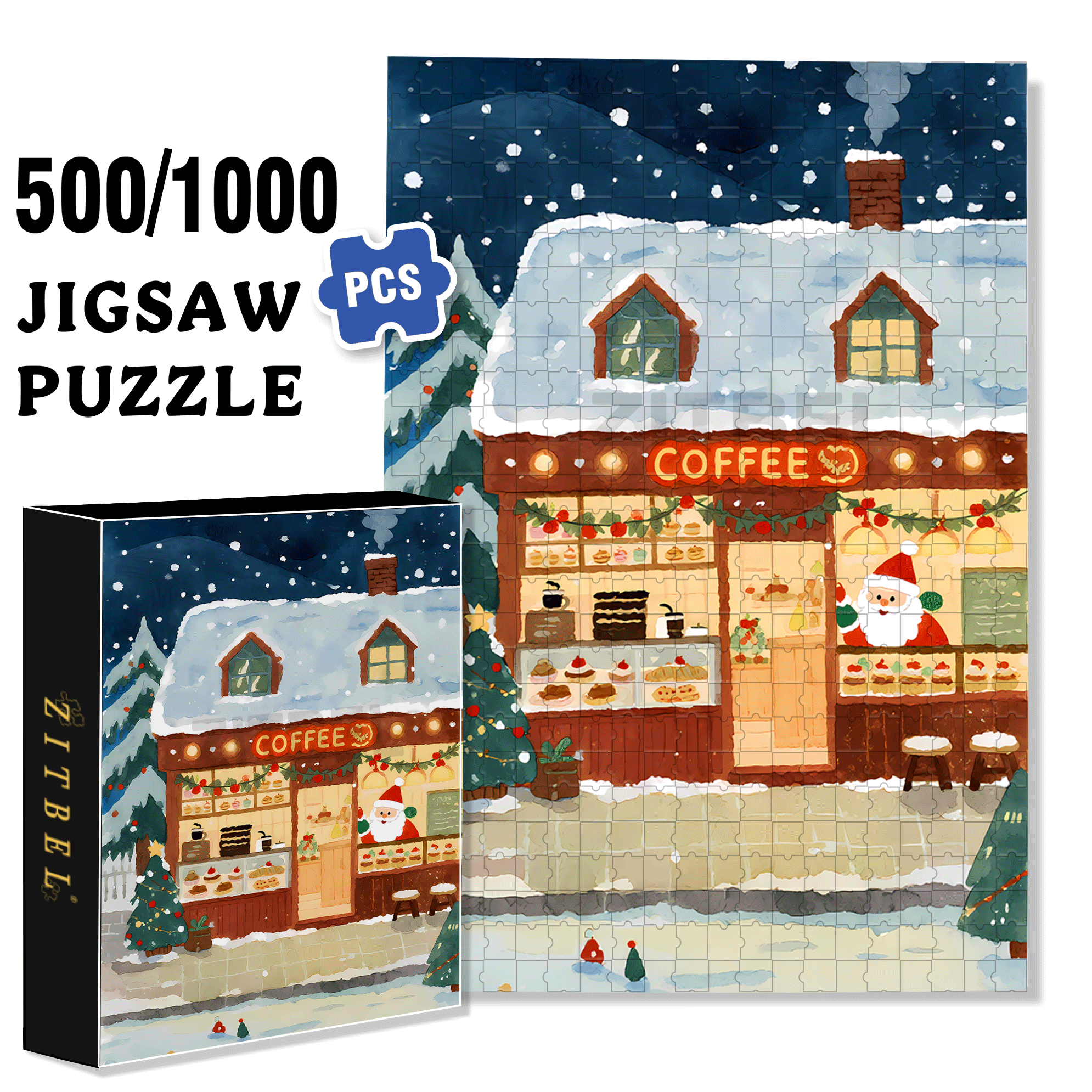 Christmas Coffee Shop 500pcs/1000pcs Jigsaw Puzzle, Scratch-Resistant, Interactive Family Game & Brain-Boosting DIY Decor, Perfect for Halloween, Christmas & New Year Gifts, Family Puzzle Game