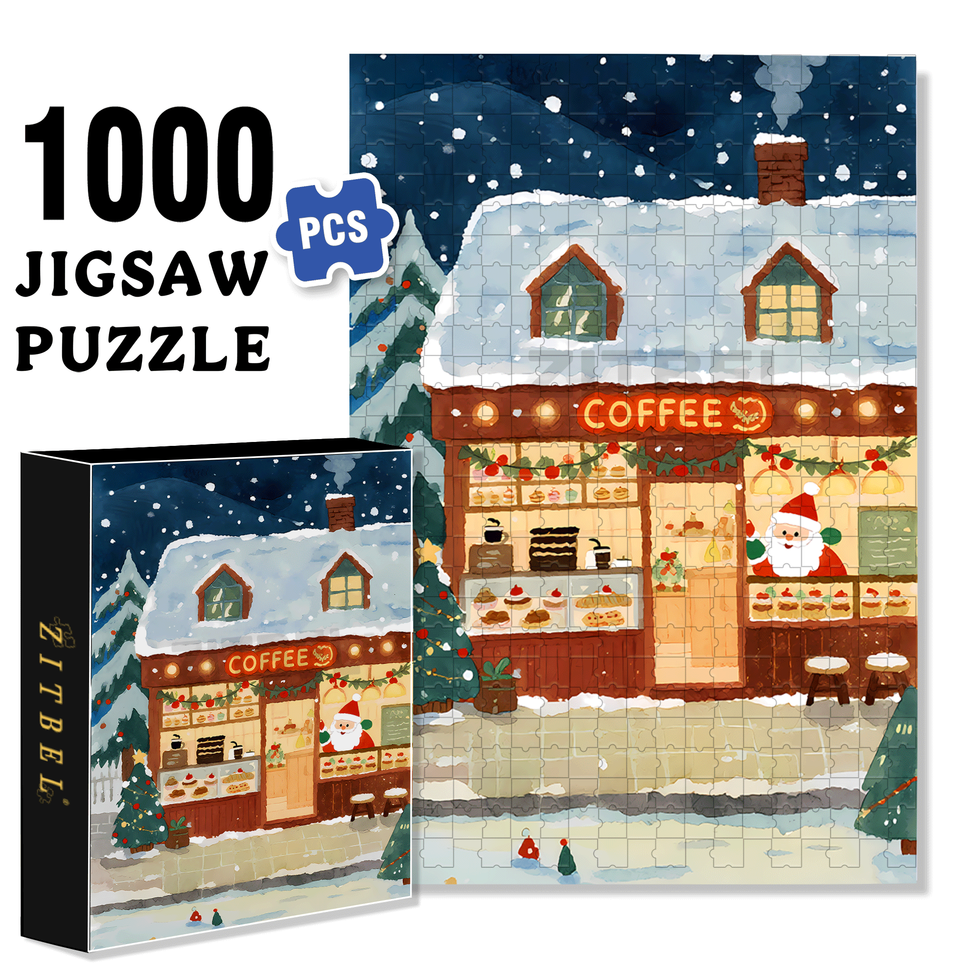 Christmas Coffee Shop 500pcs/1000pcs Jigsaw Puzzle, Scratch-Resistant, Interactive Family Game & Brain-Boosting DIY Decor, Perfect for Halloween, Christmas & New Year Gifts, Family Puzzle Game