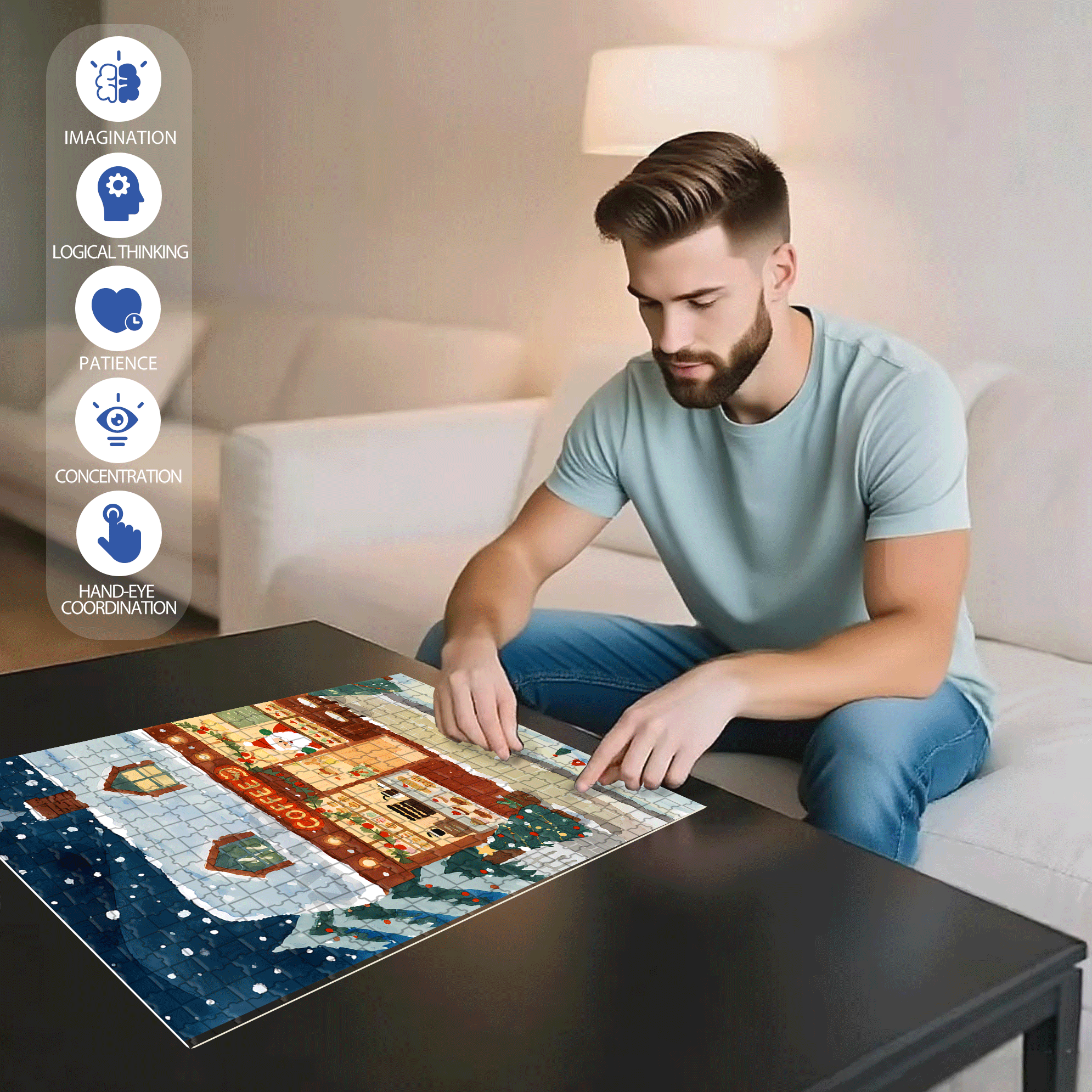 Christmas Coffee Shop 500pcs/1000pcs Jigsaw Puzzle, Scratch-Resistant, Interactive Family Game & Brain-Boosting DIY Decor, Perfect for Halloween, Christmas & New Year Gifts, Family Puzzle Game