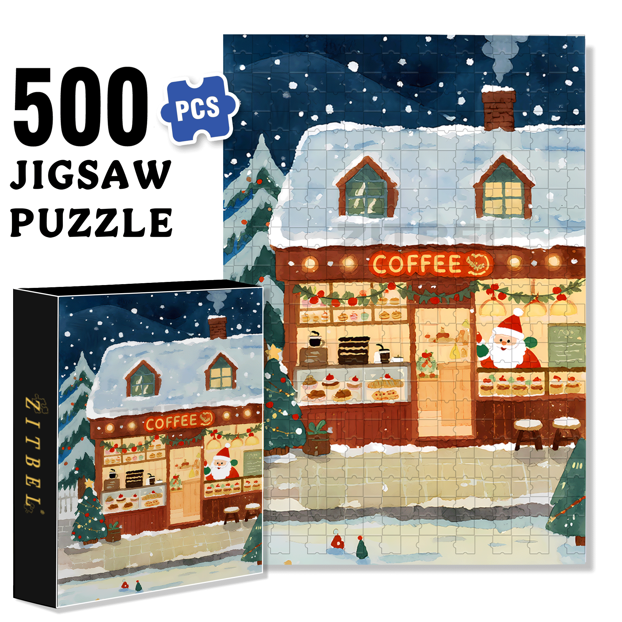 Christmas Coffee Shop 500pcs/1000pcs Jigsaw Puzzle, Scratch-Resistant, Interactive Family Game & Brain-Boosting DIY Decor, Perfect for Halloween, Christmas & New Year Gifts, Family Puzzle Game