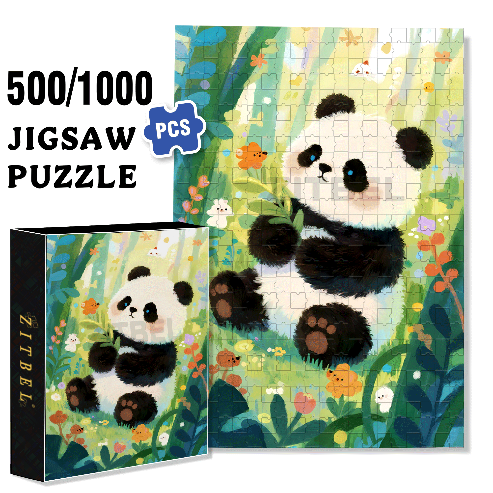 Cute Panda 2 500pcs/1000pcs Jigsaw Puzzle, Scratch-Resistant, Interactive Family Game & Brain-Boosting DIY Decor, Perfect for Halloween, Christmas & New Year Gifts, Family Puzzle Game
