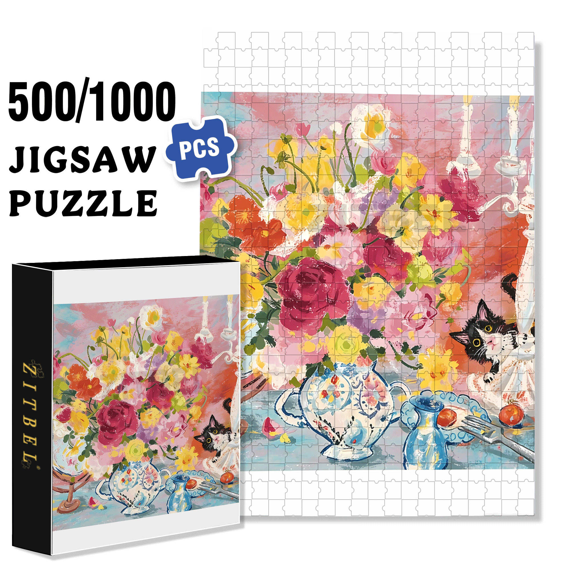 Flowers and Cats 3 500pcs/1000pcs Jigsaw Puzzle, Scratch-Resistant, Interactive Family Game & Brain-Boosting DIY Decor, Perfect for Halloween, Christmas & New Year Gifts, Family Puzzle Game