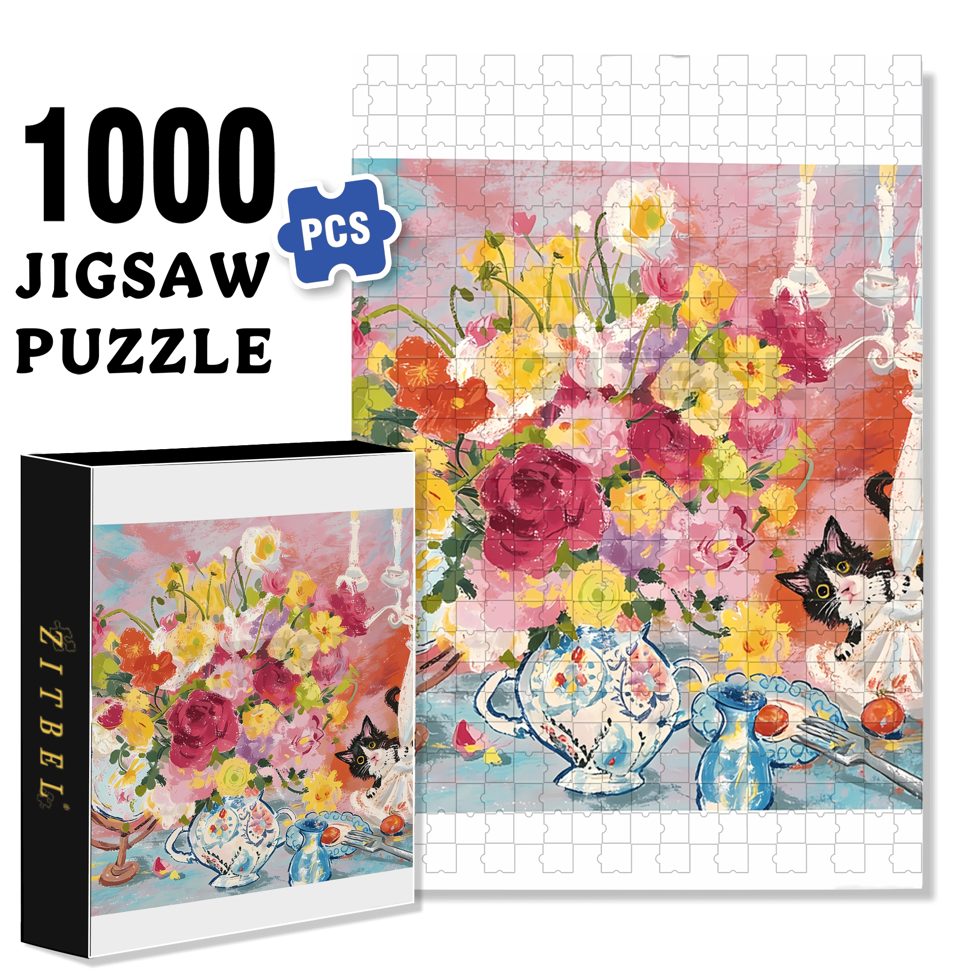 Flowers and Cats 3 500pcs/1000pcs Jigsaw Puzzle, Scratch-Resistant, Interactive Family Game & Brain-Boosting DIY Decor, Perfect for Halloween, Christmas & New Year Gifts, Family Puzzle Game