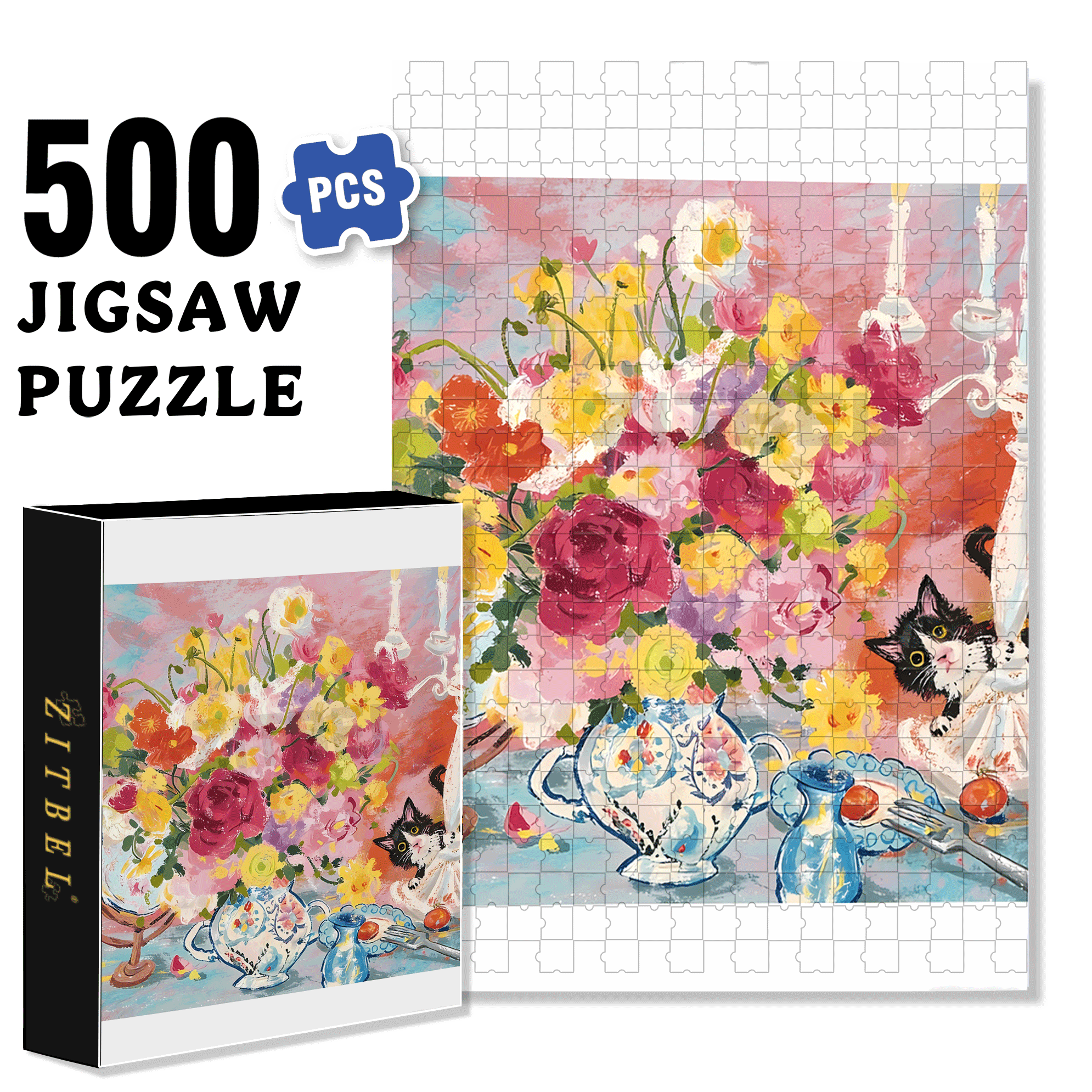 Flowers and Cats 3 500pcs/1000pcs Jigsaw Puzzle, Scratch-Resistant, Interactive Family Game & Brain-Boosting DIY Decor, Perfect for Halloween, Christmas & New Year Gifts, Family Puzzle Game