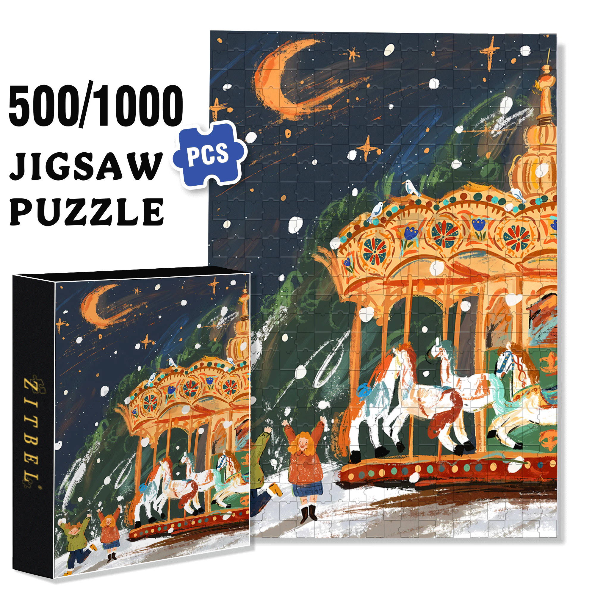 Moonlit Carousel 500pcs/1000pcs Jigsaw Puzzle, Scratch-Resistant, Interactive Family Game & Brain-Boosting DIY Decor, Perfect for Halloween, Christmas & New Year Gifts, Family Puzzle Game