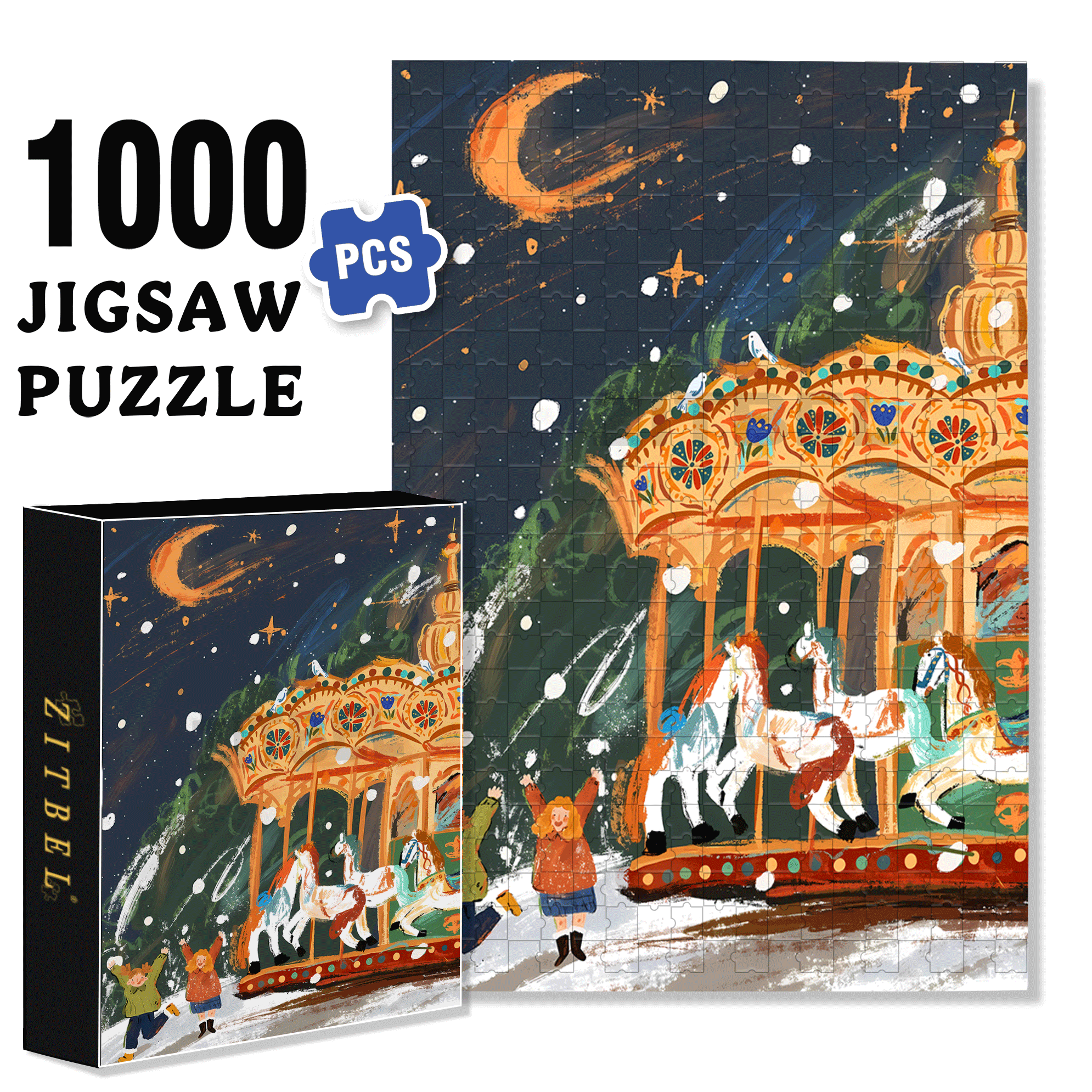 Moonlit Carousel 500pcs/1000pcs Jigsaw Puzzle, Scratch-Resistant, Interactive Family Game & Brain-Boosting DIY Decor, Perfect for Halloween, Christmas & New Year Gifts, Family Puzzle Game