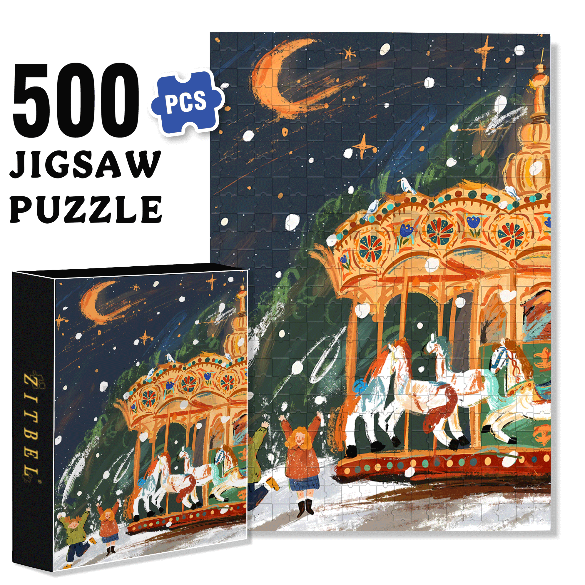 Moonlit Carousel 500pcs/1000pcs Jigsaw Puzzle, Scratch-Resistant, Interactive Family Game & Brain-Boosting DIY Decor, Perfect for Halloween, Christmas & New Year Gifts, Family Puzzle Game