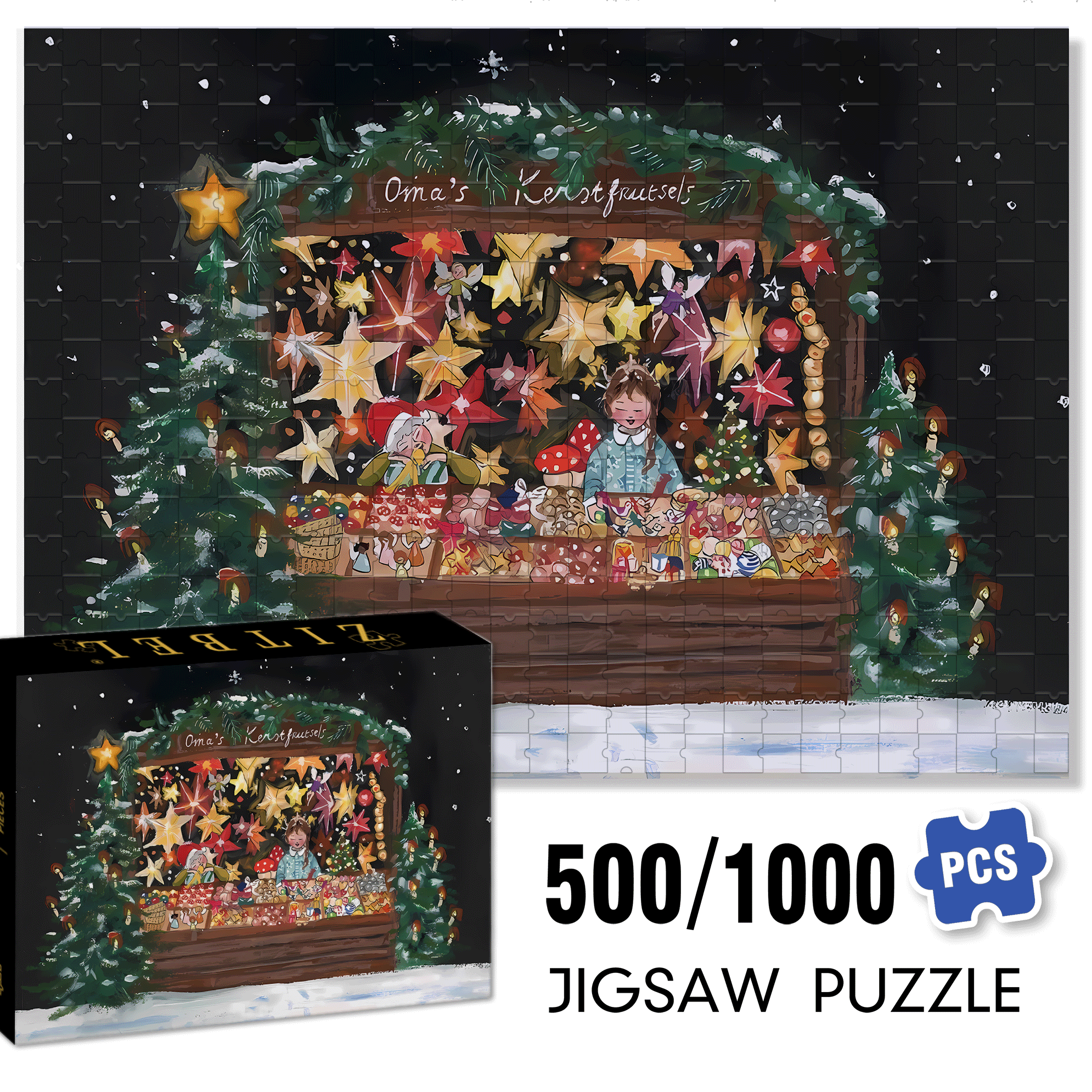 Christmas Stalls 500pcs/1000pcs Jigsaw Puzzle, Scratch-Resistant, Interactive Family Game & Brain-Boosting DIY Decor, Perfect for Halloween, Christmas & New Year Gifts, Family Puzzle Game