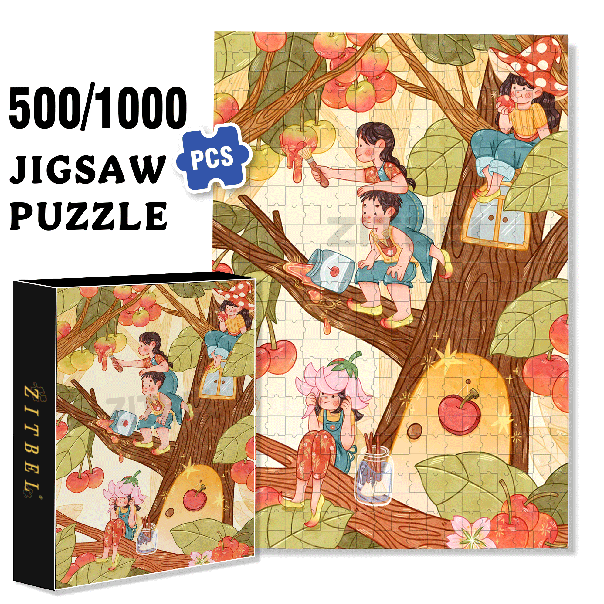 About Cherry  500pcs/1000pcs Jigsaw Puzzle, Scratch-Resistant, Interactive Family Game & Brain-Boosting DIY Decor, Perfect for Halloween, Christmas & New Year Gifts, Family Puzzle Game