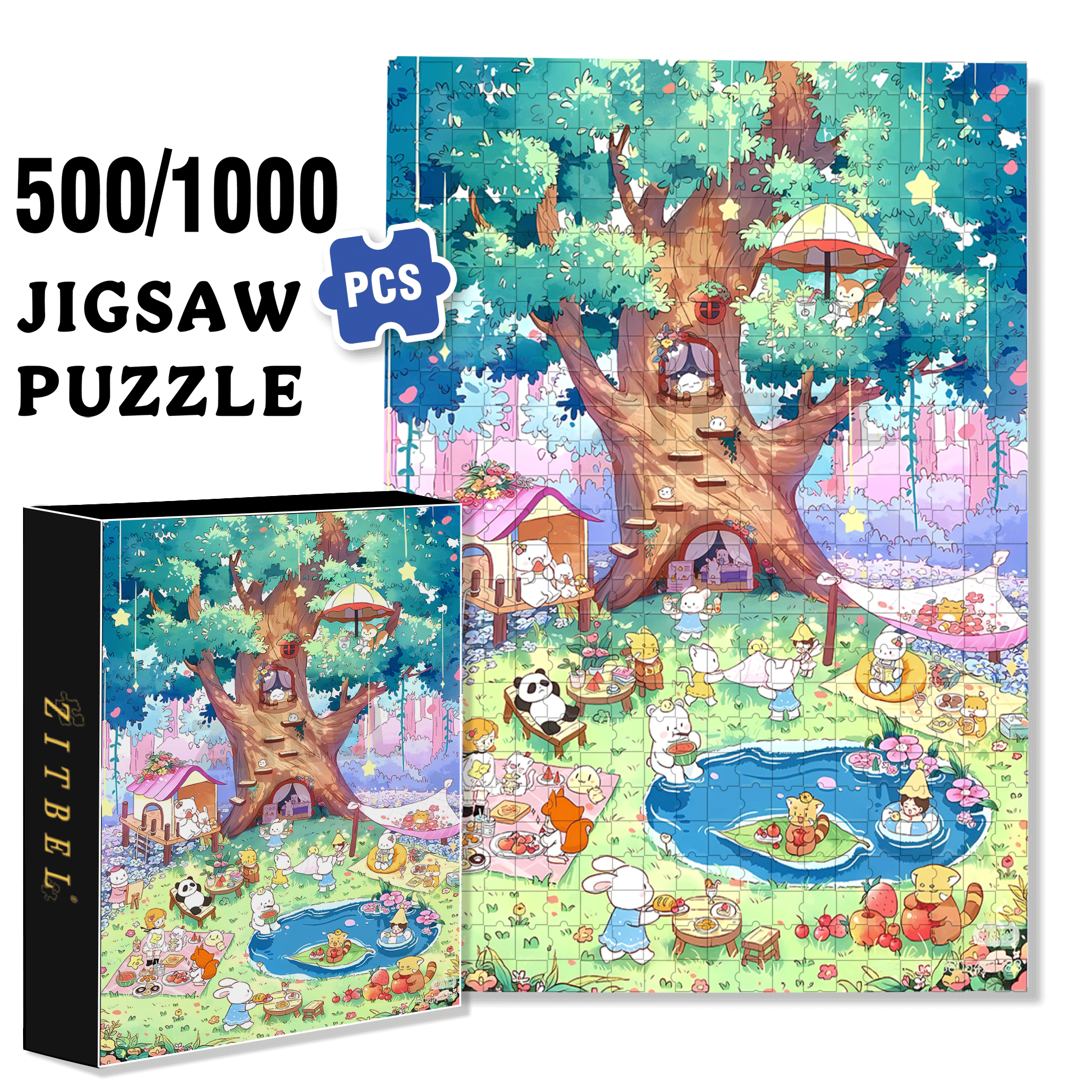 Forest Pool Party 500pcs/1000pcs Jigsaw Puzzle, Scratch-Resistant, Interactive Family Game & Brain-Boosting DIY Decor, Perfect for Halloween, Christmas & New Year Gifts, Family Puzzle Game
