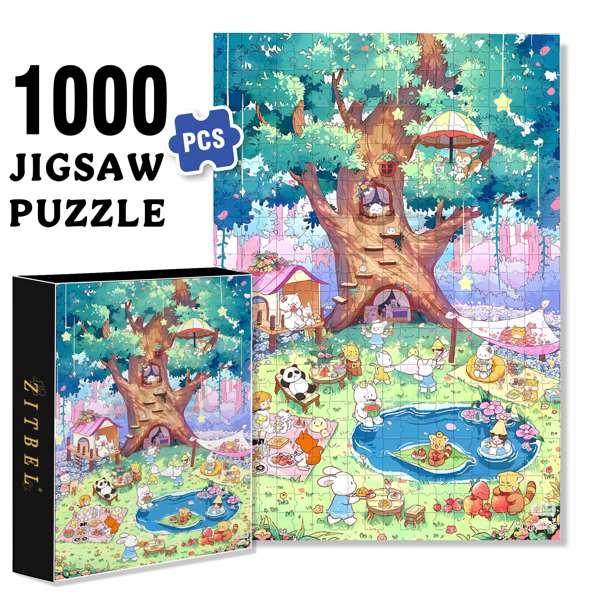 Forest Pool Party 500pcs/1000pcs Jigsaw Puzzle, Scratch-Resistant, Interactive Family Game & Brain-Boosting DIY Decor, Perfect for Halloween, Christmas & New Year Gifts, Family Puzzle Game