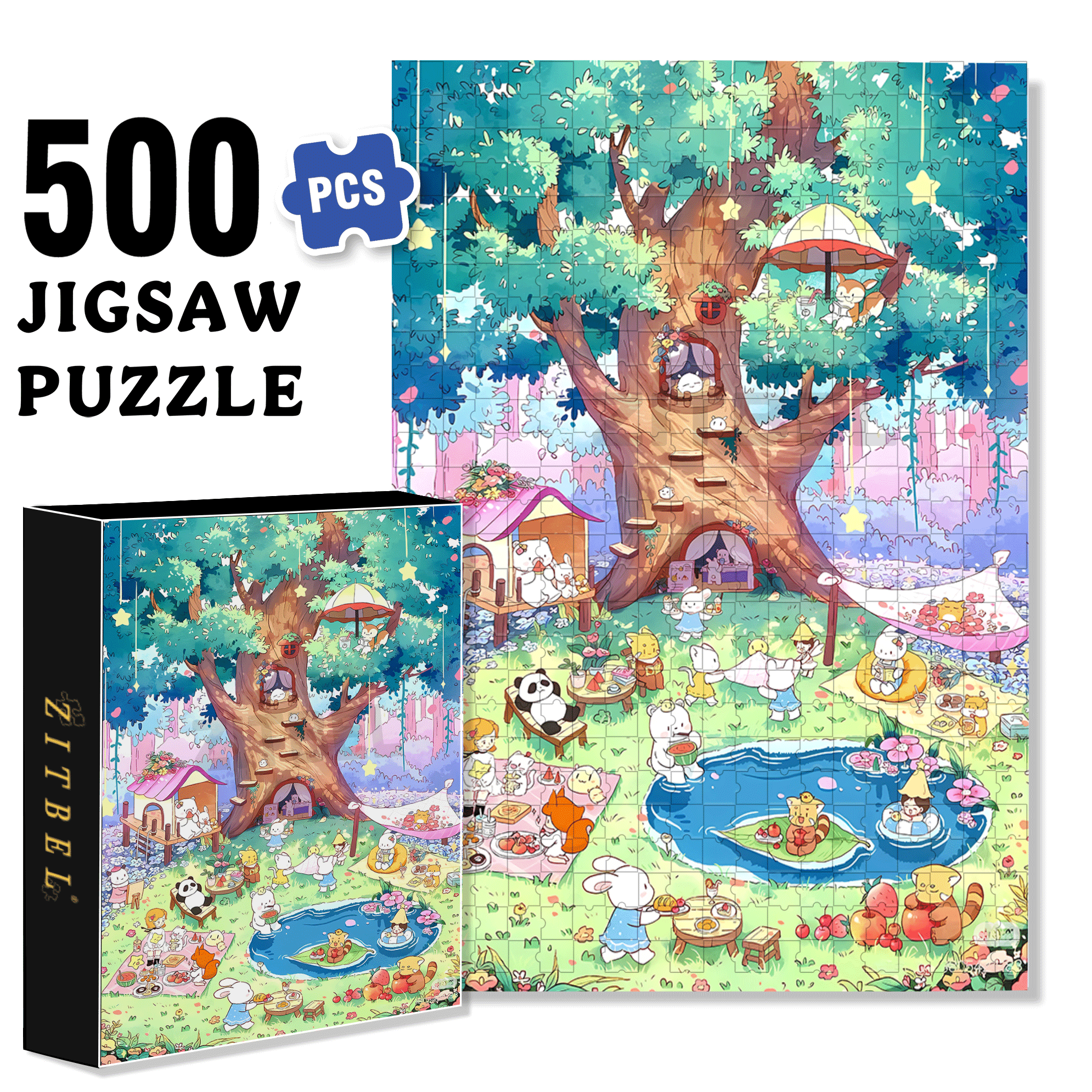 Forest Pool Party 500pcs/1000pcs Jigsaw Puzzle, Scratch-Resistant, Interactive Family Game & Brain-Boosting DIY Decor, Perfect for Halloween, Christmas & New Year Gifts, Family Puzzle Game