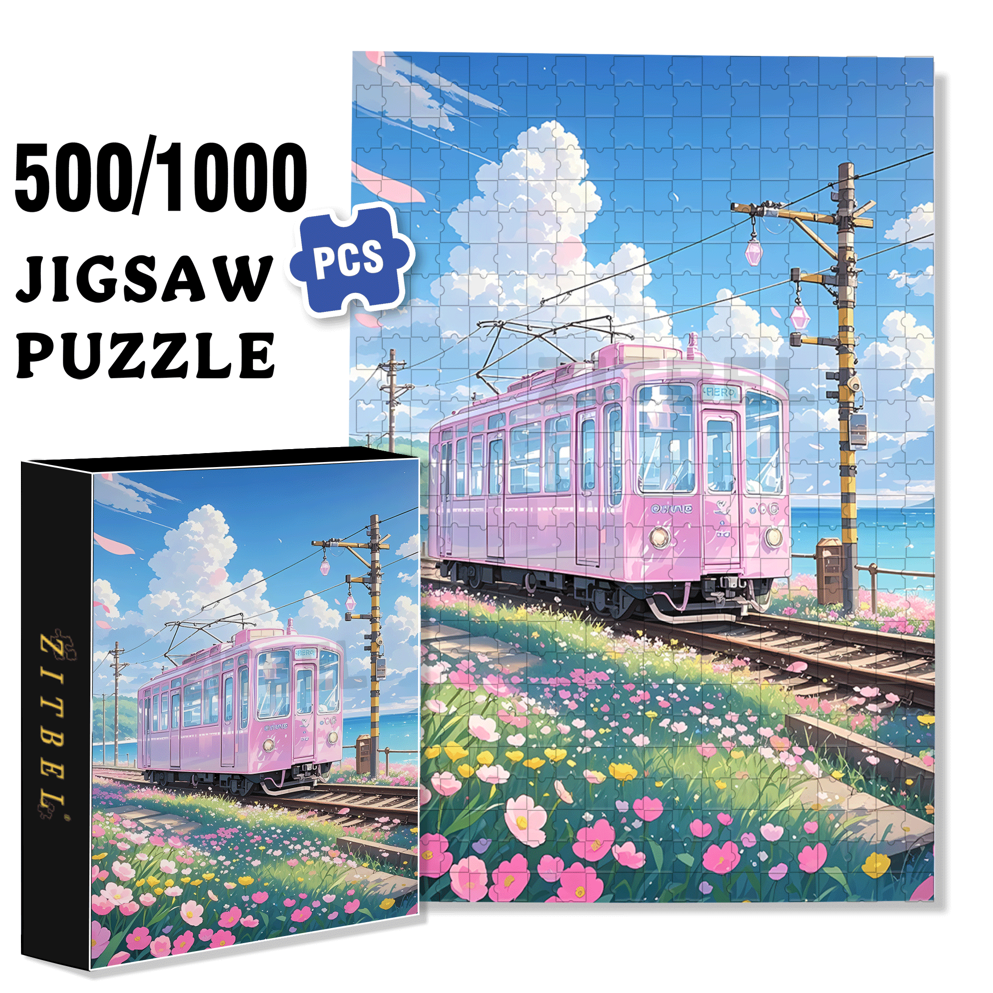 Pink Tram 500pcs/1000pcs Jigsaw Puzzle, Scratch-Resistant, Interactive Family Game & Brain-Boosting DIY Decor, Perfect for Halloween, Christmas & New Year Gifts, Family Puzzle Game