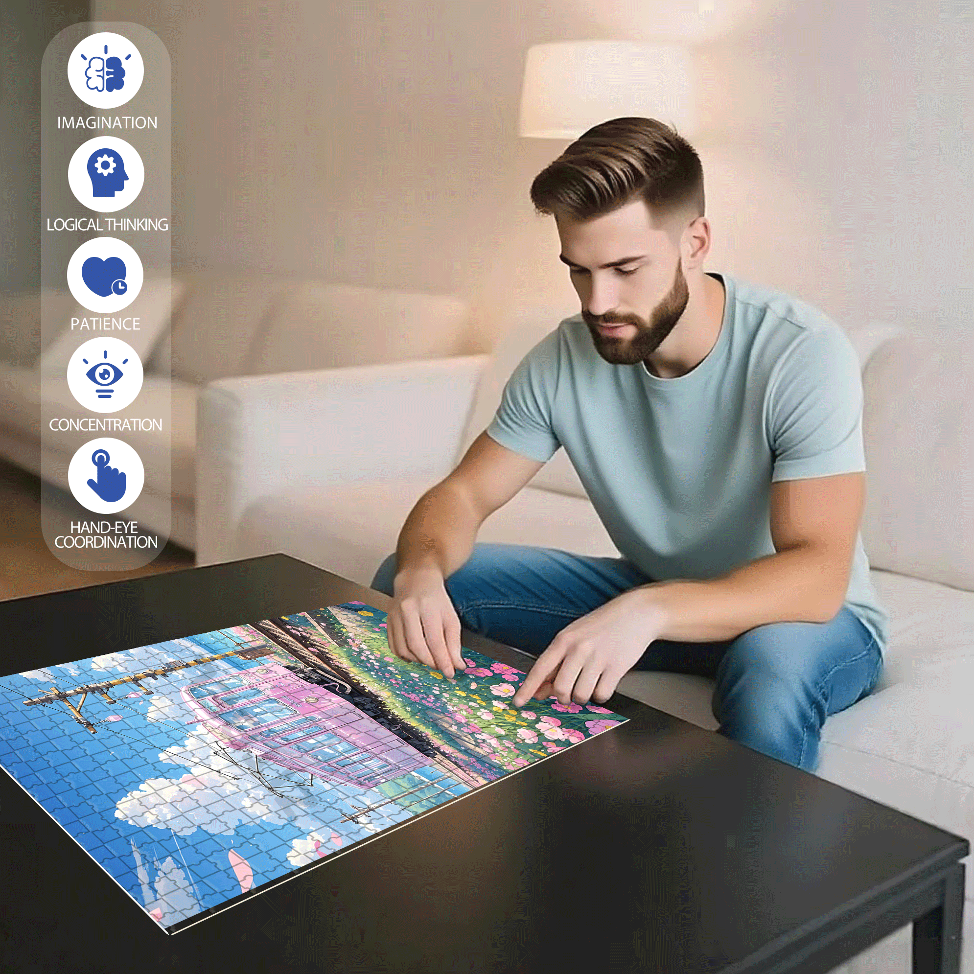 Pink Tram 500pcs/1000pcs Jigsaw Puzzle, Scratch-Resistant, Interactive Family Game & Brain-Boosting DIY Decor, Perfect for Halloween, Christmas & New Year Gifts, Family Puzzle Game