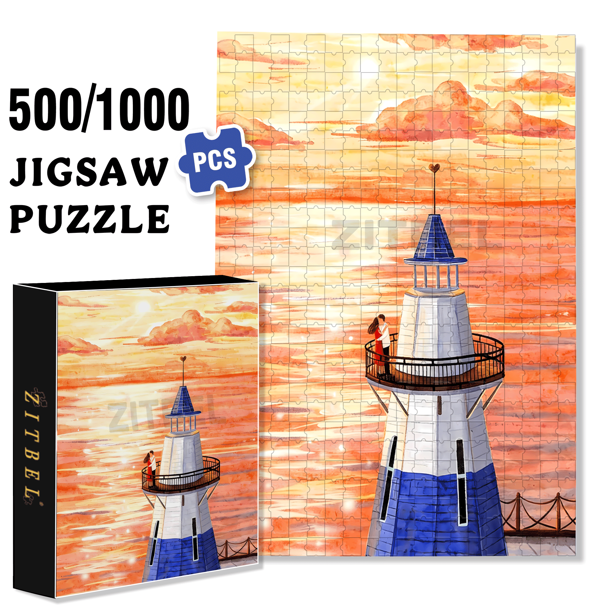 Lover Under The Sunset 500pcs/1000pcs Jigsaw Puzzle, Scratch-Resistant, Interactive Family Game & Brain-Boosting DIY Decor, Perfect for Halloween, Christmas & New Year Gifts, Family Puzzle Game