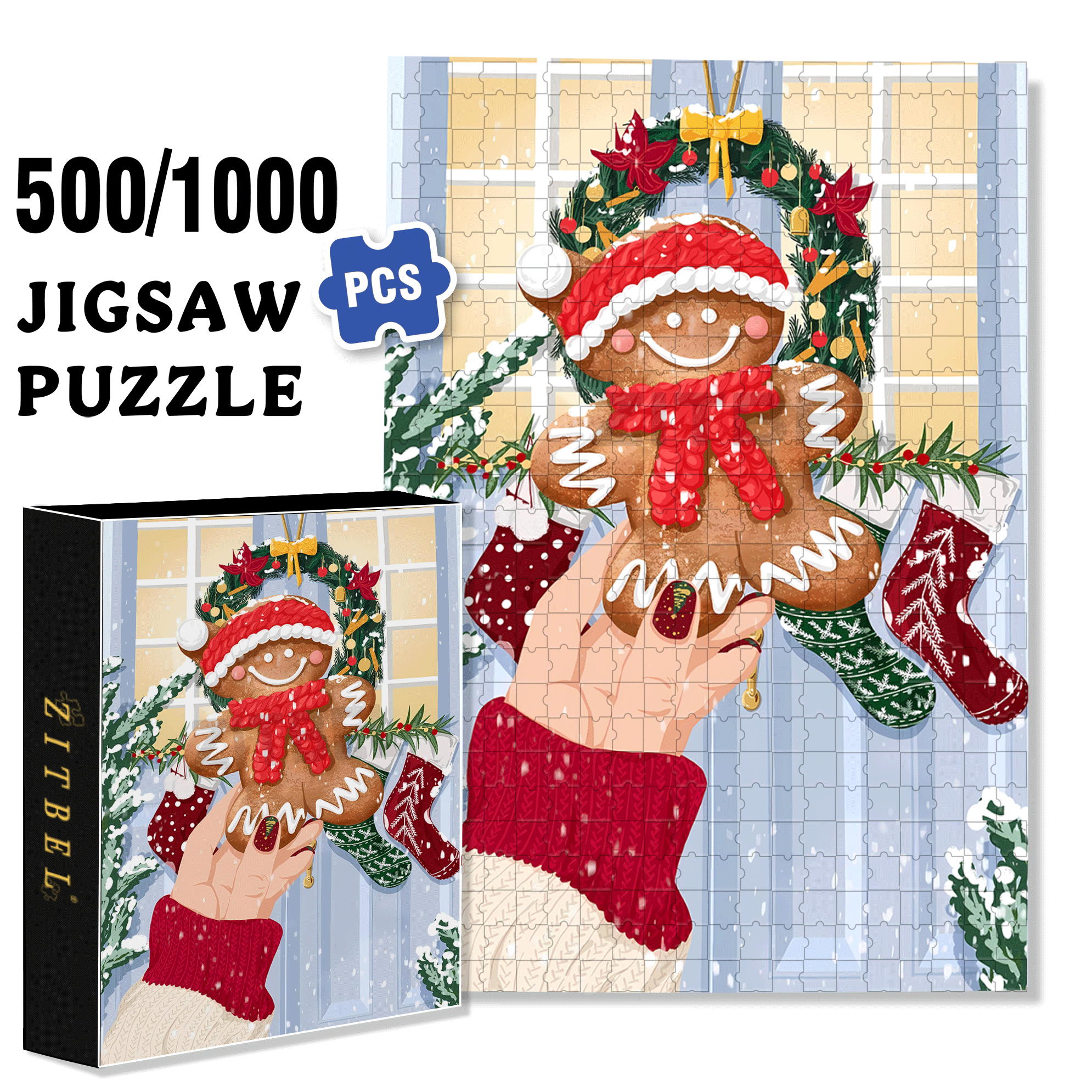 Lucky Gingerbread 500pcs/1000pcs Jigsaw Puzzle, Scratch-Resistant, Interactive Family Game & Brain-Boosting DIY Decor, Perfect for Halloween, Christmas & New Year Gifts, Family Puzzle Game