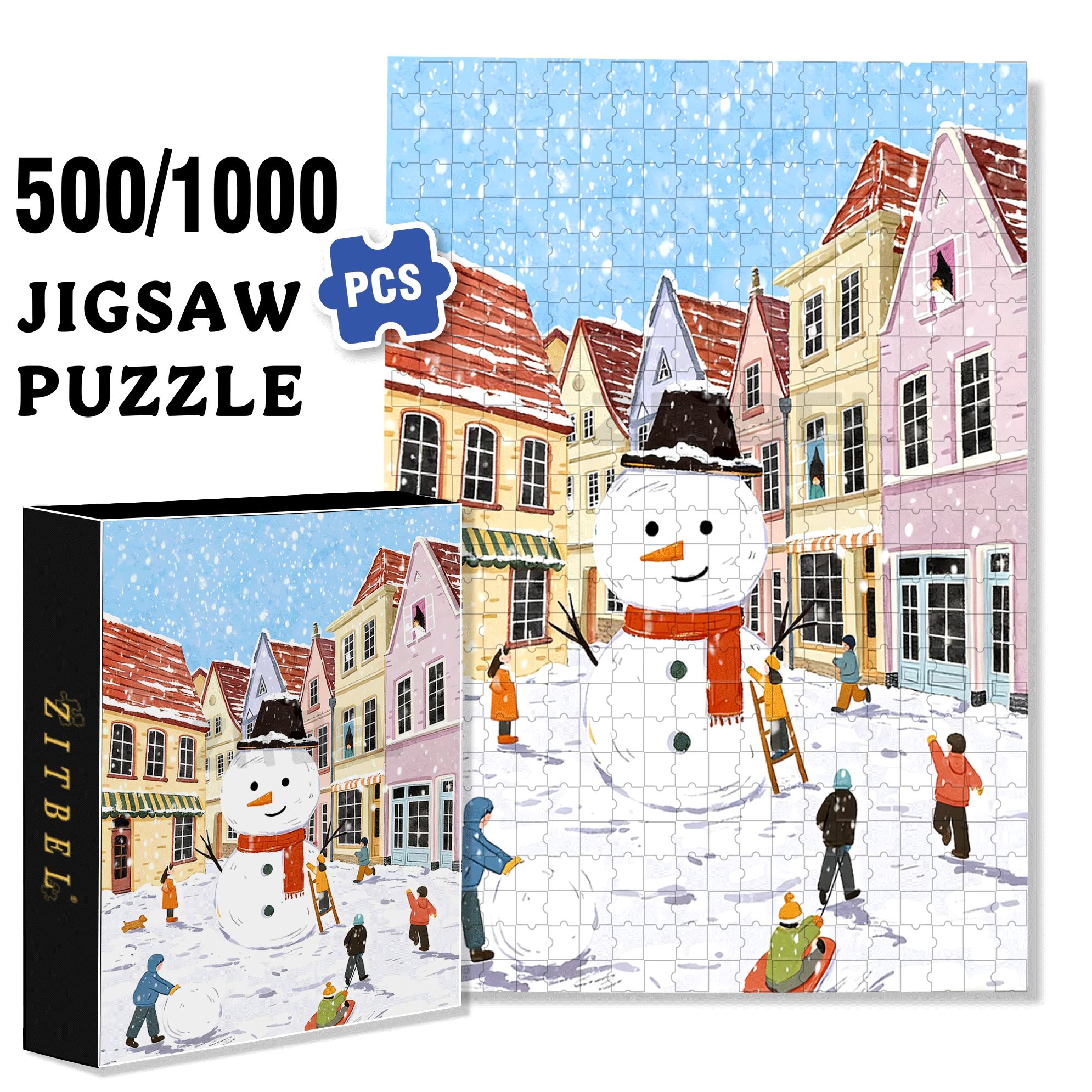 Make A Big Snowman 500pcs/1000pcs Jigsaw Puzzle, Scratch-Resistant, Interactive Family Game & Brain-Boosting DIY Decor, Perfect for Halloween, Christmas & New Year Gifts, Family Puzzle Game