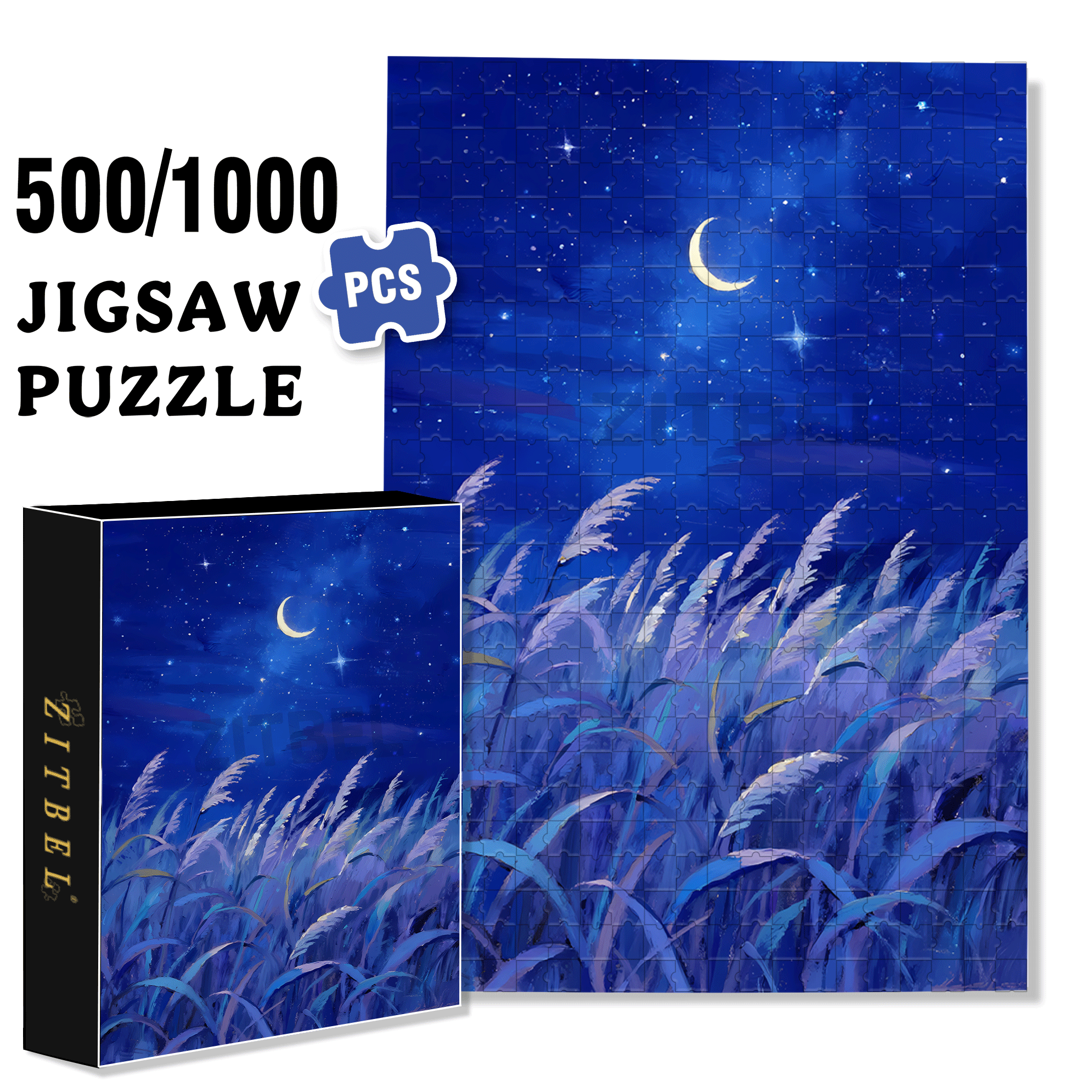 Moonlit Reed-Covered Shore 500pcs/1000pcs Jigsaw Puzzle, Scratch-Resistant, Interactive Family Game & Brain-Boosting DIY Decor, Perfect for Halloween, Christmas & New Year Gifts, Family Puzzle Game