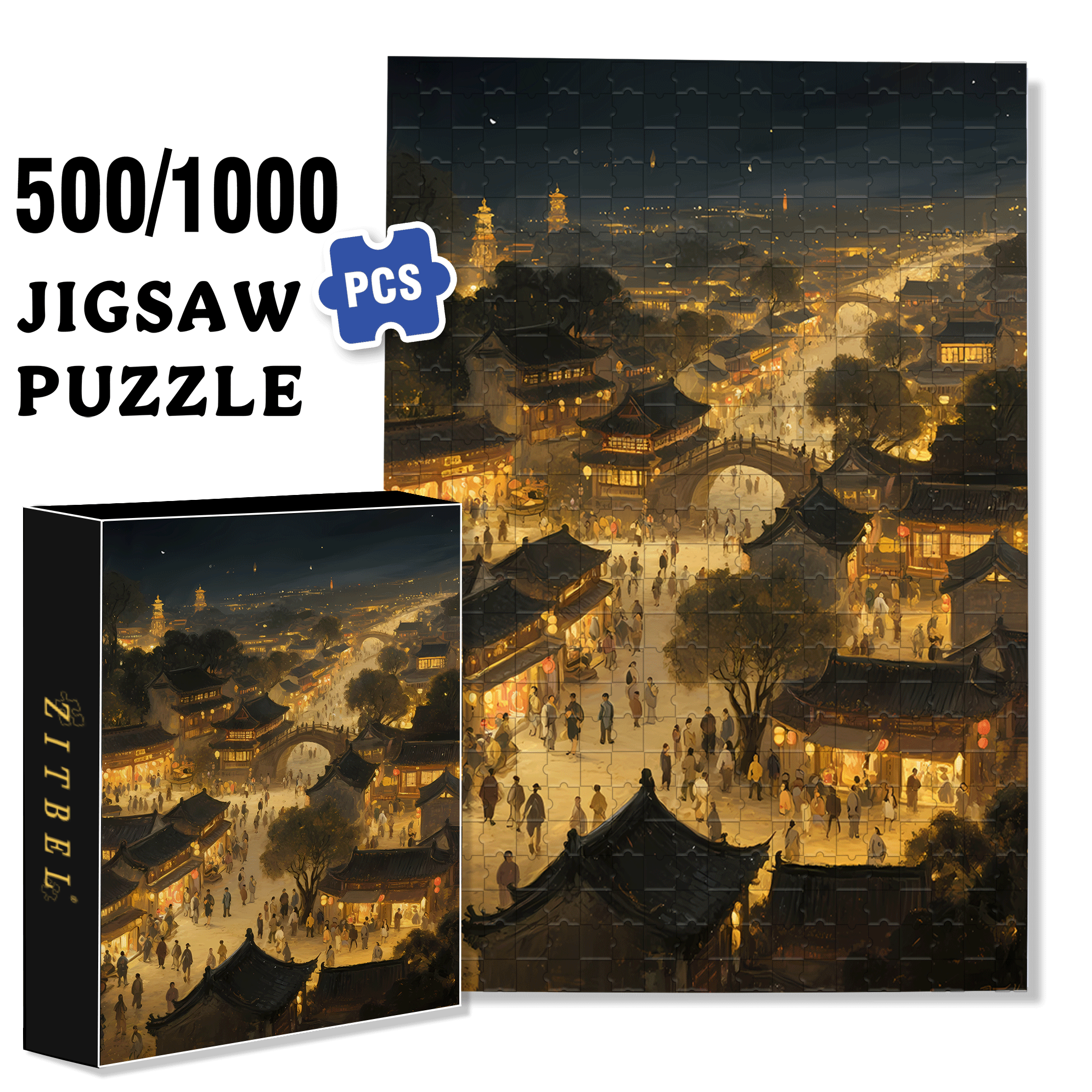 Night View Of The Ancient City 500pcs/1000pcs Jigsaw Puzzle, Scratch-Resistant, Interactive Family Game & Brain-Boosting DIY Decor, Perfect for Halloween, Christmas & New Year Gifts, Family Puzzle Game