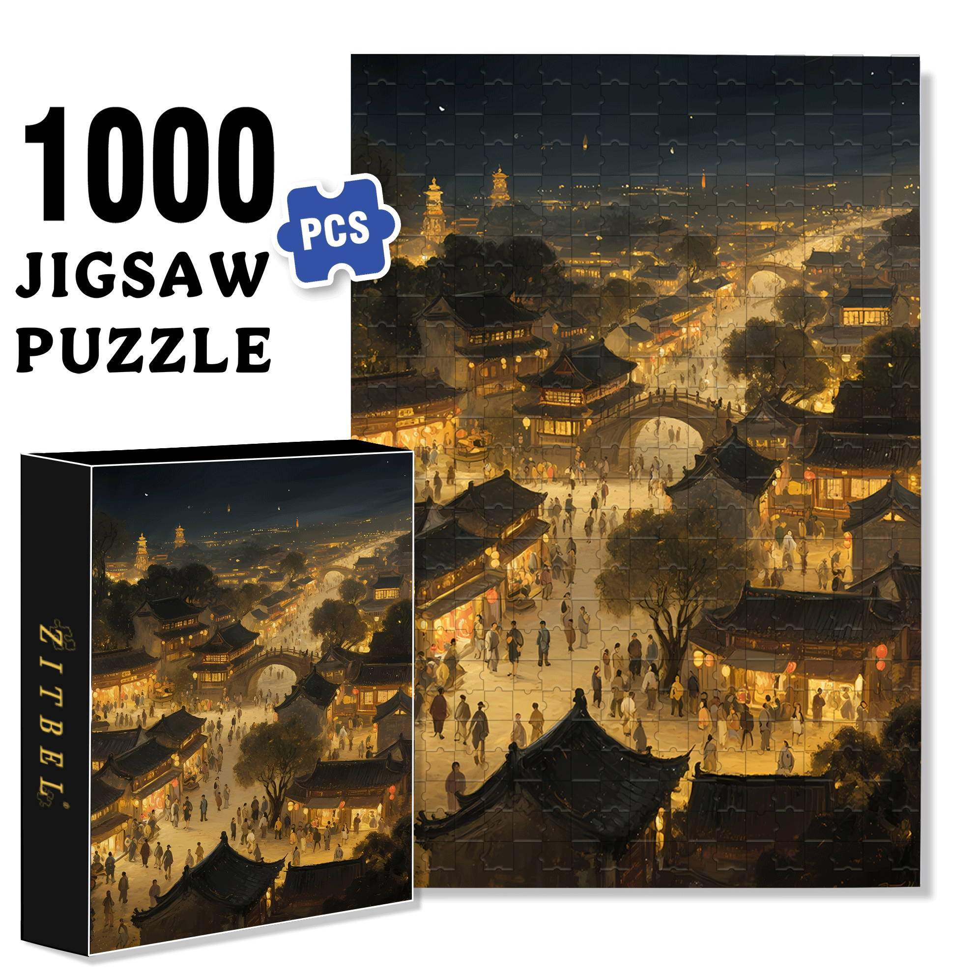 Night View Of The Ancient City 500pcs/1000pcs Jigsaw Puzzle, Scratch-Resistant, Interactive Family Game & Brain-Boosting DIY Decor, Perfect for Halloween, Christmas & New Year Gifts, Family Puzzle Game