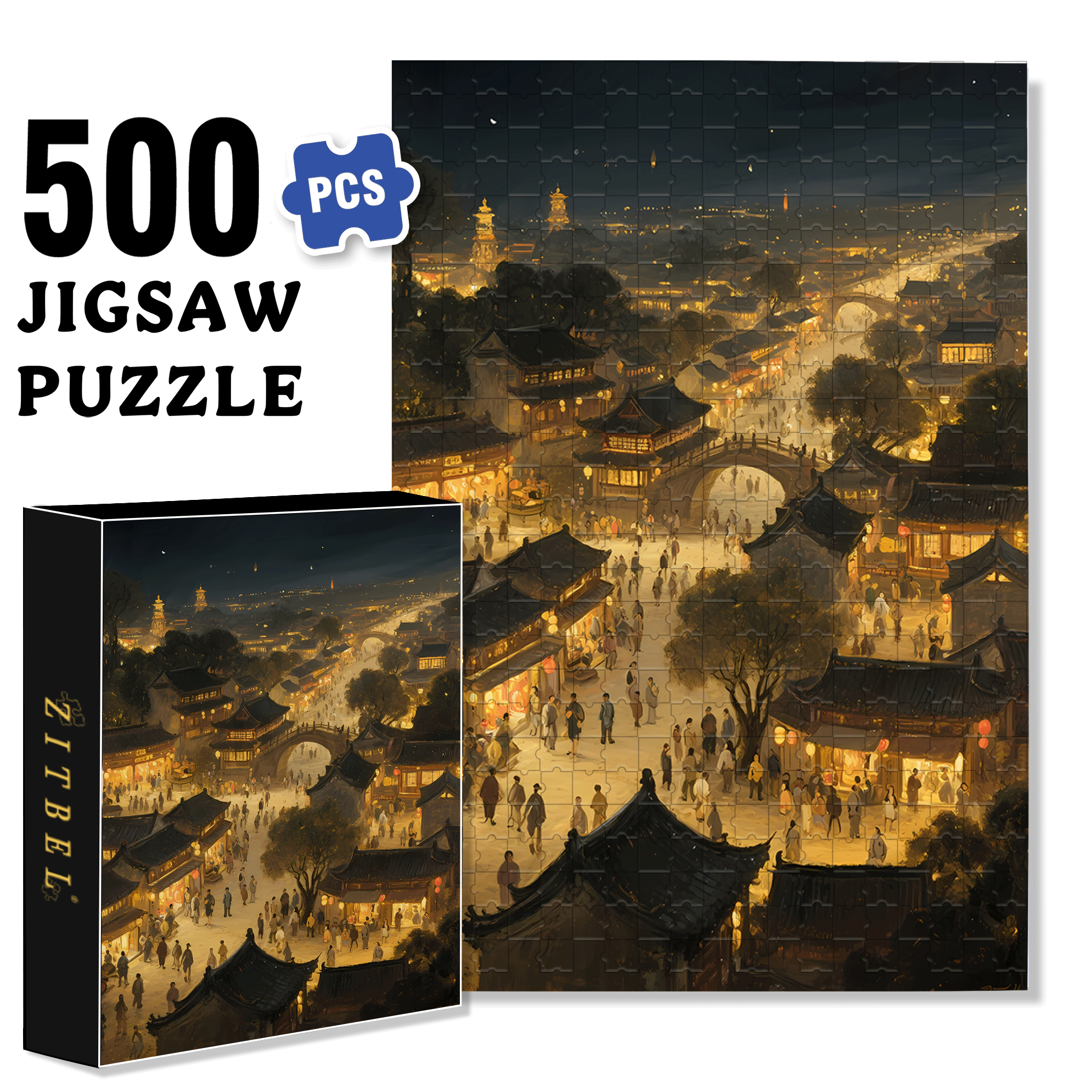 Night View Of The Ancient City 500pcs/1000pcs Jigsaw Puzzle, Scratch-Resistant, Interactive Family Game & Brain-Boosting DIY Decor, Perfect for Halloween, Christmas & New Year Gifts, Family Puzzle Game