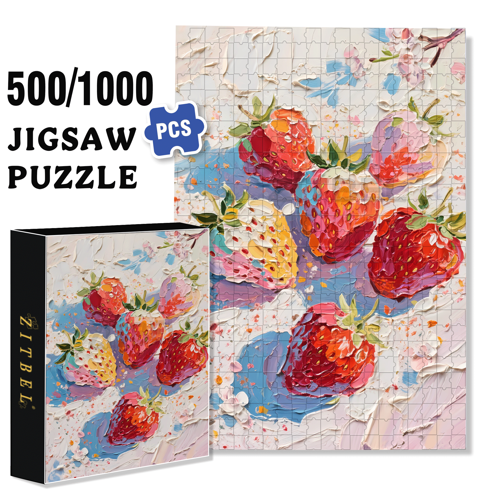 Oil Painting Style Strawberries 500pcs/1000pcs Jigsaw Puzzle, Scratch-Resistant, Interactive Family Game & Brain-Boosting DIY Decor, Perfect for Halloween, Christmas & New Year Gifts, Family Puzzle Game