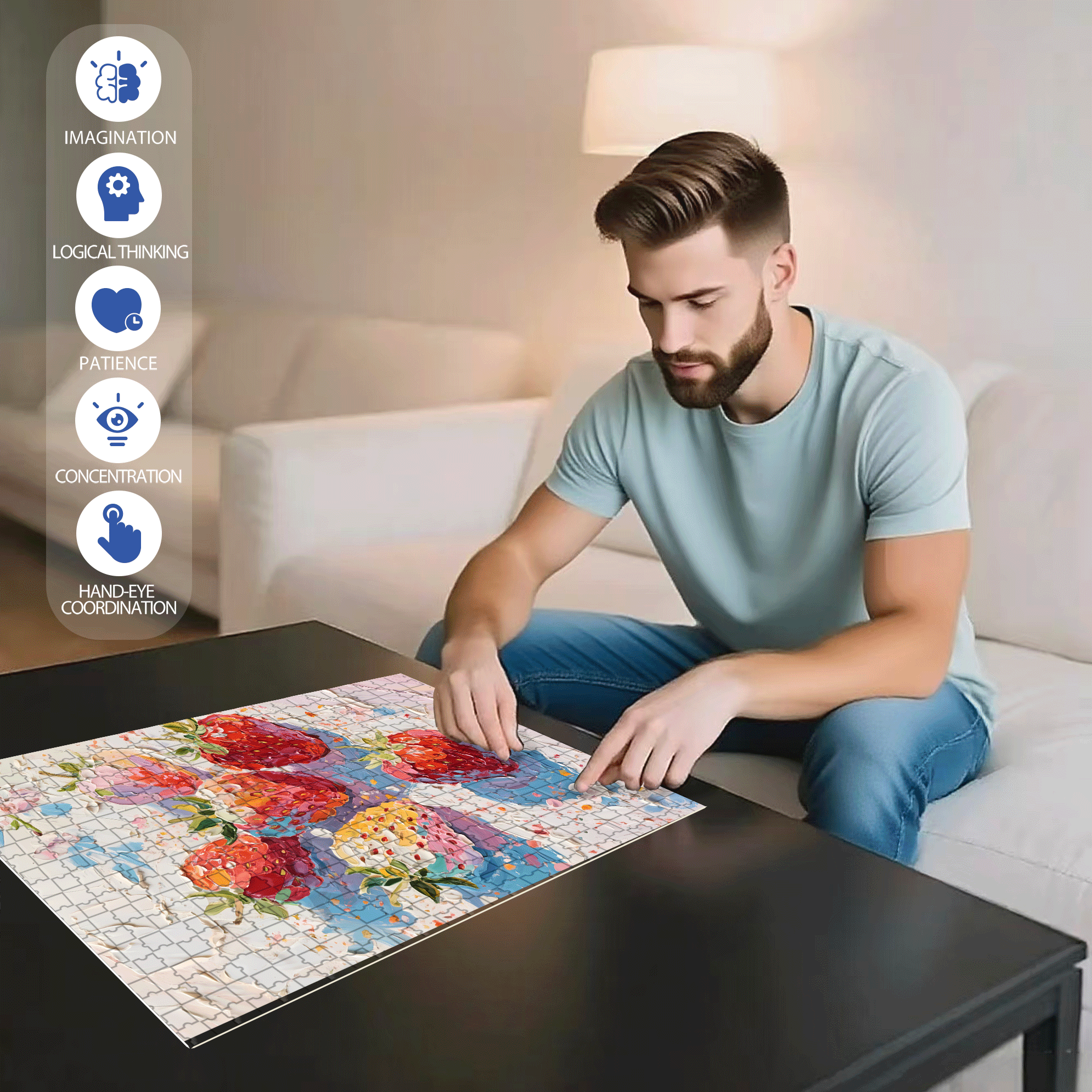Oil Painting Style Strawberries 500pcs/1000pcs Jigsaw Puzzle, Scratch-Resistant, Interactive Family Game & Brain-Boosting DIY Decor, Perfect for Halloween, Christmas & New Year Gifts, Family Puzzle Game