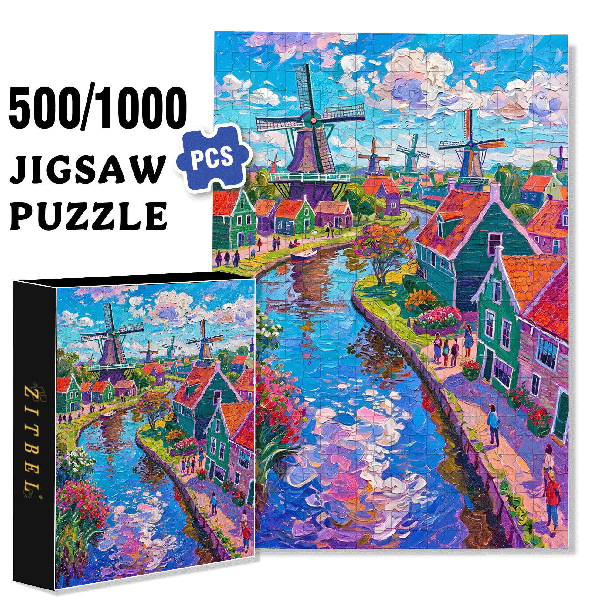 Oil Painting Style Windmill 500pcs/1000pcs Jigsaw Puzzle, Scratch-Resistant, Interactive Family Game & Brain-Boosting DIY Decor, Perfect for Halloween, Christmas & New Year Gifts, Family Puzzle Game